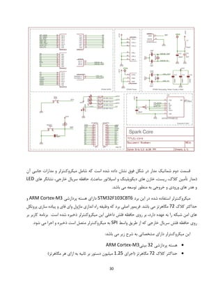 30
‫که‬ ‫است‬ ‫شده‬ ‫داده‬ ‫نشان‬ ‫فوق‬ ‫شکل‬ ‫در‬ ‫مدار‬ ‫شماتیک‬ ‫دوم‬ ‫قسمت‬‫آن‬ ‫جانبی‬ ‫مدارات‬ ‫و‬ ‫میکروکنترلر‬ ‫شامل‬
‫ریست‬ ،‫کالک‬ ‫تأمین‬ ‫(مدار‬،)‫ساعت‬ ‫اسیالتور‬ ‫و‬ ‫دیکوپلینگ‬ ‫های‬ ‫خازن‬‫های‬ ‫نشانگر‬ ،‫خارجی‬ ‫سریال‬ ‫حافظه‬ ،LED
‫توسعه‬ ‫منظور‬ ‫به‬ ‫خروجی‬ ‫و‬ ‫ورودی‬ ‫های‬ ‫هدر‬ ‫و‬.‫باشد‬ ‫می‬
‫برد‬ ‫این‬ ‫در‬ ‫شده‬ ‫استفاده‬ ‫میکروکنترلر‬STM32F103CBT6‫پردازشی‬ ‫هسته‬ ‫دارای‬ARM Cortex-M3‫و‬
‫کالک‬ ‫حداکثر‬72‫پروتکل‬ ‫سازی‬ ‫پیاده‬ ‫و‬ ‫فای‬ ‫وای‬ ‫ماژول‬ ‫اندازی‬ ‫راه‬ ‫وظیفه‬ ‫که‬ ‫برد‬ ‫اصلی‬ ‫فریمور‬ .‫باشد‬ ‫می‬ ‫مگاهرتز‬
.‫است‬ ‫شده‬ ‫ذخیره‬ ‫میکروکنترلر‬ ‫این‬ ‫داخلی‬ ‫فلش‬ ‫حافظه‬ ‫روی‬ ‫بر‬ ،‫دارد‬ ‫عهده‬ ‫به‬ ‫را‬ ‫شبکه‬ ‫امن‬ ‫های‬‫بر‬ ‫کاربر‬ ‫برنامه‬
‫واسط‬ ‫طریق‬ ‫از‬ ‫که‬ ‫خارجی‬ ‫سریال‬ ‫فلش‬ ‫حافظه‬ ‫روی‬SPI‫ب‬.‫شود‬ ‫می‬ ‫اجرا‬ ‫و‬ ‫ذخیره‬ ‫است‬ ‫متصل‬ ‫میکروکنترلر‬ ‫ه‬
:‫باشد‬ ‫می‬ ‫زیر‬ ‫شرح‬ ‫به‬ ‫مشخصاتی‬ ‫دارای‬ ‫میکروکنترلر‬ ‫این‬
‫پردازشی‬ ‫هسته‬32‫بیتی‬ARM Cortex-M3
‫کالک‬ ‫حداکثر‬72‫مگاهرتز‬‫(اجرای‬1.25)‫مگاهرتز‬ ‫هر‬ ‫ازای‬ ‫به‬ ‫ثانیه‬ ‫بر‬ ‫دستور‬ ‫میلیون‬
 