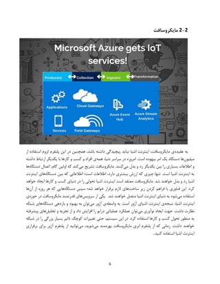 6
2-2‫مایکروسافت‬
‫عقیده‬ ‫به‬‫از‬ ‫استفاده‬ ‫لزوم‬ ‫پلتفرم‬ ‫این‬ ‫در‬ ‫همچنین‬ ،‫باشد‬ ‫داشته‬ ‫پیچیدگی‬ ‫نباید‬ ‫اشیا‬ ‫اینترنت‬ ،‫مایکروسافت‬ ‫ی‬
‫میلیون‬‫همه‬ ،‫دنیا‬ ‫سراسر‬ ‫در‬ ‫امروزه‬ .‫است‬ ‫بیهوده‬ ‫امر‬ ‫یک‬ ‫دستگاه‬ ‫ها‬‫داشته‬ ‫ارتباط‬ ‫یکدیگر‬ ‫با‬ ‫کارها‬ ‫و‬ ‫کسب‬ ‫و‬ ‫افراد‬ ‫ی‬
‫می‬ ‫بدل‬ ‫و‬ ‫رد‬ ‫یکدیگر‬ ‫بین‬ ‫را‬ ‫بسیاری‬ ‫اطالعات‬ ‫و‬‫م‬ .‫کنند‬‫می‬ ‫تشریح‬ ‫ایکروسافت‬‫دستگاه‬ ‫اتصال‬ ،‫گام‬ ‫اولین‬ ‫که‬ ‫کند‬‫ها‬
‫دستگاه‬ ‫بین‬ ‫که‬ ‫اطالعاتی‬ ‫است؛‬ ‫اطالعات‬ ،‫دارد‬ ‫بیشتری‬ ‫ارزش‬ ‫که‬ ‫چیزی‬ ‫تنها‬ .‫است‬ ‫اشیا‬ ‫اینترنت‬ ‫به‬‫اینترنت‬ ‫های‬
‫خواهد‬ ‫ایجاد‬ ‫کارها‬ ‫و‬ ‫کسب‬ ‫دنیای‬ ‫در‬ ‫را‬ ‫تحولی‬ ‫اشیا‬ ‫اینترنت‬ ‫است‬ ‫معتقد‬ ‫مایکروسافت‬ .‫شد‬ ‫خواهند‬ ‫بدل‬ ‫و‬ ‫رد‬ ‫اشیا‬
‫کر‬‫ساخت‬ ‫زیر‬ ‫کردن‬ ‫فراهم‬ ‫با‬ ‫فناوری‬ ‫این‬ .‫د‬‫دستگاه‬ ‫سپس‬ ‫شد؛‬ ‫خواهد‬ ‫برقرار‬ ‫الزم‬ ‫های‬‫آن‬ ‫از‬ ‫روزه‬ ‫هر‬ ‫که‬ ‫هایی‬‫ها‬
‫می‬ ‫استفاده‬.‫شد‬ ‫خواهند‬ ‫متصل‬ ‫اشیا‬ ‫اینترنت‬ ‫دنیای‬ ‫به‬ ‫شود‬‫یکی‬‫از‬‫سرویس‬‫های‬‫قدرتمند‬‫مایکروسافت‬‫در‬‫حوزه‬‫ی‬
‫اینترنت‬،‫اشیا‬‫نسخه‬‫ی‬‫اینترنت‬‫اشیای‬‫آژور‬‫است‬.‫به‬‫واسطه‬‫ی‬‫آژور‬‫می‬‫توان‬‫به‬‫بهبود‬‫و‬‫بازدهی‬‫دستگاه‬‫های‬‫شبکه‬
‫نظارت‬‫داشت‬.‫جهت‬‫ایجاد‬‫ن‬‫می‬ ‫وآوری‬‫تحلیل‬ ‫و‬ ‫تجزیه‬ ‫از‬ ‫و‬ ‫داد‬ ‫افزایش‬ ‫را‬ ‫درایو‬ ‫عملیاتی‬ ‫عملکرد‬ ‫توان‬‫پیشرفته‬ ‫های‬
‫شبکه‬ ‫در‬ ‫را‬ ‫بزرگی‬ ‫بسیار‬ ‫تاثیر‬ ‫کوچک‬ ‫تغییرات‬ ‫حتی‬ ،‫سیستم‬ ‫این‬ ‫در‬ .‫کرد‬ ‫استفاده‬ ‫کارها‬ ‫و‬ ‫کسب‬ ‫تحول‬ ‫منظور‬ ‫به‬
‫خواهند‬‫بهره‬ ‫مایکروسافت‬ ‫ابری‬ ‫پلتفرم‬ ‫از‬ ‫که‬ ‫زمانی‬ .‫داشت‬‫می‬ ‫مند‬‫می‬ ،‫شوید‬‫برقراری‬ ‫برای‬ ‫آژور‬ ‫پلتفرم‬ ‫از‬ ‫توانید‬
‫کنید‬ ‫استفاده‬ ‫اشیا‬ ‫اینترنت‬.
 