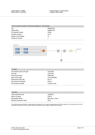 Page 2 of 13
Simon Field
Project Designer: Andreas Boeck
Company: Now Energy
Project Number: 140002
Date of Offer: 21/03/2014
PV*SOL advanced 6.0 (R6)
Dr. Valentin EnergieSoftware GmbH
Grid connected PV System with Electrical Appliances - Net Metering
City Flagstaff Hill
Climate Data Flagstaff Hill
PV Generator Output 3 kWp
Generator Surface 20 m²
Number of PV Modules 12
Number of Inverter 1
The yield
PV Generator power (AC grid) 4,623 kWh
Own Use 2,534 kWh
Annual Grid Feed-in 2,089 kWh
Spec. Annual Yield 1,541 kWh/kWp
Performance Ratio (PR) 82.4 %
Own Power Consumption 54.8 %
CO₂ Emissions avoided 2,766 kg / year
Your Gain
Total investment costs 5,600.00 $
Return on assets 0.00 %
Amortization Period More than 3 Years
Electricity Production Costs $0.33
The results have been calculated with a mathematical model calculation from Dr. Valentin EnergieSoftware GmbH (PV*SOL algorithms). The actual yields from the solar
power system may differ as a result of weather variations, the efficiency of the modules and inverter, and other factors.
 