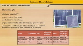 Silicium Amorphe
utilisé pour les petits PV
un bon rendement par temps
une durée de vie moins longue
On peut les reconnaître grâce à leur couleur grise très foncée
Leurs cellules sont fabriquées à base de silicium non cristallisé
déposé sur une feuille de verre, de métal ou de plastique.
Types des Panneaux photovoltaïques:
Panneaux Photovoltaïques
 