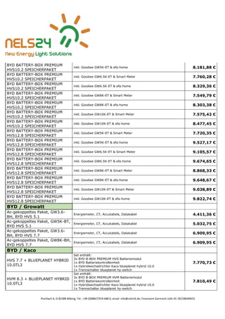 Pischlach 6, D-82389 Böbing, Tel.: +49 (0)8867/919 688 0, email: info@nels24.de; Finanzamt Garmisch UsSt-ID: DE238049655
BYD BATTERY-BOX PREMIUM
HVS10.2 SPEICHERPAKET
inkl. Goodwe GW5K-ET & efa:home 8.181,88 €
BYD BATTERY-BOX PREMIUM
HVS10.2 SPEICHERPAKET
inkl. Goodwe GW6.5K-ET & Smart Meter 7.760,28 €
BYD BATTERY-BOX PREMIUM
HVS10.2 SPEICHERPAKET
inkl. Goodwe GW6.5K-ET & efa:home 8.329,36 €
BYD BATTERY-BOX PREMIUM
HVS10.2 SPEICHERPAKET
inkl. Goodwe GW8K-ET & Smart Meter 7.549,79 €
BYD BATTERY-BOX PREMIUM
HVS10.2 SPEICHERPAKET
inkl. Goodwe GW8K-ET & efa:home 8.303,38 €
BYD BATTERY-BOX PREMIUM
HVS10.2 SPEICHERPAKET
inkl. Goodwe GW10K-ET & Smart Meter 7.575,42 €
BYD BATTERY-BOX PREMIUM
HVS10.2 SPEICHERPAKET
inkl. Goodwe GW10K-ET & efa:home 8.477,45 €
BYD BATTERY-BOX PREMIUM
HVS12.8 SPEICHERPAKET
inkl. Goodwe GW5K-ET & Smart Meter 7.720,35 €
BYD BATTERY-BOX PREMIUM
HVS12.8 SPEICHERPAKET
inkl. Goodwe GW5K-ET & efa:home 9.527,17 €
BYD BATTERY-BOX PREMIUM
HVS12.8 SPEICHERPAKET
inkl. Goodwe GW6.5K-ET & Smart Meter 9.105,57 €
BYD BATTERY-BOX PREMIUM
HVS12.8 SPEICHERPAKET
inkl. Goodwe GW6.5K-ET & efa:home 9.674,65 €
BYD BATTERY-BOX PREMIUM
HVS12.8 SPEICHERPAKET
inkl. Goodwe GW8K-ET & Smart Meter 8.868,33 €
BYD BATTERY-BOX PREMIUM
HVS12.8 SPEICHERPAKET
inkl. Goodwe GW8K-ET & efa:home 9.648,67 €
BYD BATTERY-BOX PREMIUM
HVS12.8 SPEICHERPAKET
inkl. Goodwe GW10K-ET & Smart Meter 9.038,89 €
BYD BATTERY-BOX PREMIUM
HVS12.8 SPEICHERPAKET
inkl. Goodwe GW10K-ET & efa:home 9.822,74 €
BYD / Growatt
Ac-gekoppeltes Paket, GW3.6-
BH, BYD HVS 5.1
Energiemeter, CT, Accukabels, Datakabel 4.411,36 €
Ac-gekoppeltes Paket, GW5K-BT,
BYD HVS 5.1
Energiemeter, CT, Accukabels, Datakabel 5.032,75 €
Ac-gekoppeltes Paket, GW3.6-
BH, BYD HVS 7.7
Energiemeter, CT, Accukabels, Datakabel 6.909,95 €
Ac-gekoppeltes Paket, GW8K-BH,
BYD HVS 7.7
Energiemeter, CT, Accukabels, Datakabel 6.909,95 €
BYD / Kaco
HVS 7.7 + BLUEPLANET HYBRID
10.0TL3
Set enthält:
3x BYD B-BOX PREMIUM HVS Batteriemodul
1x BYD Batteriekontrolleinheit
1x Hybridwechselrichter Kaco blueplanet hybrid 10.0
1x Trennschalter blueplanet hy-switch
7.770,73 €
HVM 8.3 + BLUEPLANET HYBRID
10.0TL3
Set enthält:
3x BYD B-BOX PREMIUM HVM Batteriemodul
1x BYD Batteriekontrolleinheit
1x Hybridwechselrichter Kaco blueplanet hybrid 10.0
1x Trennschalter blueplanet hy-switch
7.810,49 €
 