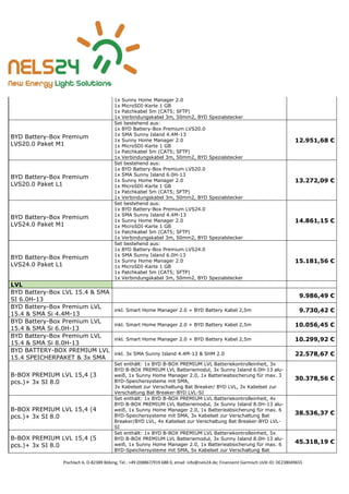 Pischlach 6, D-82389 Böbing, Tel.: +49 (0)8867/919 688 0, email: info@nels24.de; Finanzamt Garmisch UsSt-ID: DE238049655
1x Sunny Home Manager 2.0
1x MicroSDI-Karte 1 GB
1x Patchkabel 5m (CAT5; SFTP)
1x Verbindungskabel 3m, 50mm2, BYD Spezialstecker
BYD Battery-Box Premium
LVS20.0 Paket M1
Set bestehend aus:
1x BYD Battery-Box Premium LVS20.0
1x SMA Sunny Island 4.4M-13
1x Sunny Home Manager 2.0
1x MicroSDI-Karte 1 GB
1x Patchkabel 5m (CAT5; SFTP)
1x Verbindungskabel 3m, 50mm2, BYD Spezialstecker
12.951,68 €
BYD Battery-Box Premium
LVS20.0 Paket L1
Set bestehend aus:
1x BYD Battery-Box Premium LVS20.0
1x SMA Sunny Island 6.0H-13
1x Sunny Home Manager 2.0
1x MicroSDI-Karte 1 GB
1x Patchkabel 5m (CAT5; SFTP)
1x Verbindungskabel 3m, 50mm2, BYD Spezialstecker
13.272,09 €
BYD Battery-Box Premium
LVS24.0 Paket M1
Set bestehend aus:
1x BYD Battery-Box Premium LVS24.0
1x SMA Sunny Island 4.4M-13
1x Sunny Home Manager 2.0
1x MicroSDI-Karte 1 GB
1x Patchkabel 5m (CAT5; SFTP)
1x Verbindungskabel 3m, 50mm2, BYD Spezialstecker
14.861,15 €
BYD Battery-Box Premium
LVS24.0 Paket L1
Set bestehend aus:
1x BYD Battery-Box Premium LVS24.0
1x SMA Sunny Island 6.0H-13
1x Sunny Home Manager 2.0
1x MicroSDI-Karte 1 GB
1x Patchkabel 5m (CAT5; SFTP)
1x Verbindungskabel 3m, 50mm2, BYD Spezialstecker
15.181,56 €
LVL
BYD Battery-Box LVL 15.4 & SMA
SI 6.0H-13
9.986,49 €
BYD Battery-Box Premium LVL
15.4 & SMA Si 4.4M-13
inkl. Smart Home Manager 2.0 + BYD Battery Kabel 2,5m 9.730,42 €
BYD Battery-Box Premium LVL
15.4 & SMA Si 6.0H-13
inkl. Smart Home Manager 2.0 + BYD Battery Kabel 2,5m 10.056,45 €
BYD Battery-Box Premium LVL
15.4 & SMA Si 8.0H-13
inkl. Smart Home Manager 2.0 + BYD Battery Kabel 2,5m 10.299,92 €
BYD BATTERY-BOX PREMIUM LVL
15.4 SPEICHERPAKET & 3x SMA
inkl. 3x SMA Sunny Island 4.4M-13 & SHM 2.0 22.578,67 €
B-BOX PREMIUM LVL 15,4 (3
pcs.)+ 3x SI 8.0
Set enthält: 1x BYD B-BOX PREMIUM LVL Batteriekontrolleinheit, 3x
BYD B-BOX PREMIUM LVL Batteriemodul, 3x Sunny Island 6.0H-13 alu-
weiß, 1x Sunny Home Manager 2.0, 1x Batterieabsicherung für max. 3
BYD-Speichersysteme mit SMA,
3x Kabelset zur Verschaltung Bat Breaker/ BYD LVL, 3x Kabelset zur
Verschaltung Bat Breaker-BYD LVL-SI
30.378,56 €
B-BOX PREMIUM LVL 15,4 (4
pcs.)+ 3x SI 8.0
Set enthält: 1x BYD B-BOX PREMIUM LVL Batteriekontrolleinheit, 4x
BYD B-BOX PREMIUM LVL Batteriemodul, 3x Sunny Island 8.0H-13 alu-
weiß, 1x Sunny Home Manager 2.0, 1x Batterieabsicherung für max. 6
BYD-Speichersysteme mit SMA, 3x Kabelset zur Verschaltung Bat
Breaker/BYD LVL, 4x Kabelset zur Verschaltung Bat Breaker-BYD LVL-
SI
38.536,37 €
B-BOX PREMIUM LVL 15,4 (5
pcs.)+ 3x SI 8.0
Set enthält: 1x BYD B-BOX PREMIUM LVL Batteriekontrolleinheit, 5x
BYD B-BOX PREMIUM LVL Batteriemodul, 3x Sunny Island 8.0H-13 alu-
weiß, 1x Sunny Home Manager 2.0, 1x Batterieabsicherung für max. 6
BYD-Speichersysteme mit SMA, 5x Kabelset zur Verschaltung Bat
45.318,19 €
 