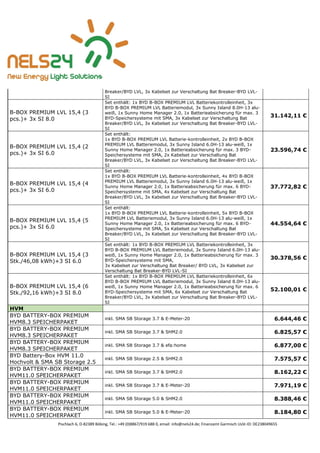 Pischlach 6, D-82389 Böbing, Tel.: +49 (0)8867/919 688 0, email: info@nels24.de; Finanzamt Garmisch UsSt-ID: DE238049655
Breaker/BYD LVL, 3x Kabelset zur Verschaltung Bat Breaker-BYD LVL-
SI
B-BOX PREMIUM LVL 15,4 (3
pcs.)+ 3x SI 8.0
Set enthält: 1x BYD B-BOX PREMIUM LVL Batteriekontrolleinheit, 3x
BYD B-BOX PREMIUM LVL Batteriemodul, 3x Sunny Island 8.0H-13 alu-
weiß, 1x Sunny Home Manager 2.0, 1x Batterieabsicherung für max. 3
BYD-Speichersysteme mit SMA, 3x Kabelset zur Verschaltung Bat
Breaker/BYD LVL, 3x Kabelset zur Verschaltung Bat Breaker-BYD LVL-
SI
31.142,11 €
B-BOX PREMIUM LVL 15,4 (2
pcs.)+ 3x SI 6.0
Set enthält:
1x BYD B-BOX PREMIUM LVL Batterie-kontrolleinheit, 2x BYD B-BOX
PREMIUM LVL Batteriemodul, 3x Sunny Island 6.0H-13 alu-weiß, 1x
Sunny Home Manager 2.0, 1x Batterieabsicherung für max. 3 BYD-
Speichersysteme mit SMA, 2x Kabelset zur Verschaltung Bat
Breaker/BYD LVL, 3x Kabelset zur Verschaltung Bat Breaker-BYD LVL-
SI
23.596,74 €
B-BOX PREMIUM LVL 15,4 (4
pcs.)+ 3x SI 6.0
Set enthält:
1x BYD B-BOX PREMIUM LVL Batterie-kontrolleinheit, 4x BYD B-BOX
PREMIUM LVL Batteriemodul, 3x Sunny Island 6.0H-13 alu-weiß, 1x
Sunny Home Manager 2.0, 1x Batterieabsicherung für max. 6 BYD-
Speichersysteme mit SMA, 4x Kabelset zur Verschaltung Bat
Breaker/BYD LVL, 3x Kabelset zur Verschaltung Bat Breaker-BYD LVL-
SI
37.772,82 €
B-BOX PREMIUM LVL 15,4 (5
pcs.)+ 3x SI 6.0
Set enthält:
1x BYD B-BOX PREMIUM LVL Batterie-kontrolleinheit, 5x BYD B-BOX
PREMIUM LVL Batteriemodul, 3x Sunny Island 6.0H-13 alu-weiß, 1x
Sunny Home Manager 2.0, 1x Batterieabsicherung für max. 6 BYD-
Speichersysteme mit SMA, 5x Kabelset zur Verschaltung Bat
Breaker/BYD LVL, 3x Kabelset zur Verschaltung Bat Breaker-BYD LVL-
SI
44.554,64 €
B-BOX PREMIUM LVL 15,4 (3
Stk./46,08 kWh)+3 SI 6.0
Set enthält: 1x BYD B-BOX PREMIUM LVL Batteriekontrolleinheit, 3x
BYD B-BOX PREMIUM LVL Batteriemodul, 3x Sunny Island 6.0H-13 alu-
weiß, 1x Sunny Home Manager 2.0, 1x Batterieabsicherung für max. 3
BYD-Speichersysteme mit SMA,
3x Kabelset zur Verschaltung Bat Breaker/ BYD LVL, 3x Kabelset zur
Verschaltung Bat Breaker-BYD LVL-SI
30.378,56 €
B-BOX PREMIUM LVL 15,4 (6
Stk./92,16 kWh)+3 SI 8.0
Set enthält: 1x BYD B-BOX PREMIUM LVL Batteriekontrolleinheit, 6x
BYD B-BOX PREMIUM LVL Batteriemodul, 3x Sunny Island 8.0H-13 alu-
weiß, 1x Sunny Home Manager 2.0, 1x Batterieabsicherung für max. 6
BYD-Speichersysteme mit SMA, 6x Kabelset zur Verschaltung Bat
Breaker/BYD LVL, 3x Kabelset zur Verschaltung Bat Breaker-BYD LVL-
SI
52.100,01 €
HVM
BYD BATTERY-BOX PREMIUM
HVM8.3 SPEICHERPAKET
inkl. SMA SB Storage 3.7 & E-Meter-20 6.644,46 €
BYD BATTERY-BOX PREMIUM
HVM8.3 SPEICHERPAKET
inkl. SMA SB Storage 3.7 & SHM2.0 6.825,57 €
BYD BATTERY-BOX PREMIUM
HVM8.3 SPEICHERPAKET
inkl. SMA SB Storage 3.7 & efa:home 6.877,00 €
BYD Battery-Box HVM 11.0
Hochvolt & SMA SB Storage 2.5
inkl. SMA SB Storage 2.5 & SHM2.0 7.575,57 €
BYD BATTERY-BOX PREMIUM
HVM11.0 SPEICHERPAKET
inkl. SMA SB Storage 3.7 & SHM2.0 8.162,22 €
BYD BATTERY-BOX PREMIUM
HVM11.0 SPEICHERPAKET
inkl. SMA SB Storage 3.7 & E-Meter-20 7.971,19 €
BYD BATTERY-BOX PREMIUM
HVM11.0 SPEICHERPAKET
inkl. SMA SB Storage 5.0 & SHM2.0 8.388,46 €
BYD BATTERY-BOX PREMIUM
HVM11.0 SPEICHERPAKET
inkl. SMA SB Storage 5.0 & E-Meter-20 8.184,80 €
 