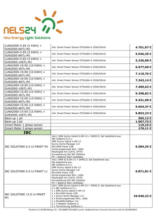 Pischlach 6, D-82389 Böbing, Tel.: +49 (0)8867/919 688 0, email: info@nels24.de; Finanzamt Garmisch UsSt-ID: DE238049655
LUNA2000-5-E0 (5 KWH) +
SUN2000-6KTL-M1
inkl. Smart Power Sensor DTSU666-H 250A/50mA 4.761,67 €
LUNA2000-5-E0 (5 KWH) +
SUN2000-8KTL-M1
inkl. Smart Power Sensor DTSU666-H 250A/50mA 5.046,30 €
LUNA2000-5-E0 (5 KWH) +
SUN2000-10KTL-M1
inkl. Smart Power Sensor DTSU666-H 250A/50mA 5.236,08 €
LUNA2000-10-E0 (10 KWH) +
SUN2000-5KTL-M1
inkl. Smart Power Sensor DTSU666-H 250A/50mA 6.977,60 €
LUNA2000-10-E0 (10 KWH) +
SUN2000-6KTL-M1
inkl. Smart Power Sensor DTSU666-H 250A/50mA 7.110,76 €
LUNA2000-10-E0 (10 KWH) +
SUN2000-8KTL-M1
inkl. Smart Power Sensor DTSU666-H 250A/50mA 7.343,14 €
LUNA2000-10-E0 (10 KWH) +
SUN2000-10KTL-M1
inkl. Smart Power Sensor DTSU666-H 250A/50mA 7.409,62 €
LUNA2000-15-E0 (15 KWH) +
SUN2000-5KTL-M1
inkl. Smart Power Sensor DTSU666-H 250A/50mA 9.298,82 €
LUNA2000-15-E0 (15 KWH) +
SUN2000-6KTL-M1
inkl. Smart Power Sensor DTSU666-H 250A/50mA 9.431,98 €
LUNA2000-15-E0 (15 KWH) +
SUN2000-8KTL-M1
inkl. Smart Power Sensor DTSU666-H 250A/50mA 9.664,37 €
LUNA2000-15-E0 (15 KWH) +
SUN2000-10KTL-M1
inkl. Smart Power Sensor DTSU666-H 250A/50mA 9.853,23 €
Back-up 1 ph 565,12 €
Back-up 3 ph 1.067,72 €
Smart Meter 1 phase sensor 119,16 €
Smart Meter 3 phase sensor 176,11 €
IBC
IBC SOLSTORE 6.5 LI-PAKET M1
inkl.1 SMA Sunny Island 4.4M-13 + SHM2.0; Set bestehend aus:
IBC SolStore 6.5 Li
SMA Sunny Island 4.4M-13
Sunny Home Manager 2.0
MicroSDI-Karte 1GB
Sicherungseinsatz NH1, 100A
Patchkabel 5m (CAT5; SFTP)
Kurzanleitung Set IBC SolStore
PV + Batterie Warn Aufkleber
6.584,35 €
IBC SOLSTORE 6.5 LI-PAKET L1
inkl.1 SMA SI 6.0H-13 + SHM2.0; Set bestehend aus:
Set bestehend aus:
IBC SolStore 6.5 Li
SMA Sunny Island 6.0H-13
Sunny Home Manager 2.0
MicroSDI-Karte 1GB
Sicherungseinsatz NH1, 160A
Patchkabel 5m (CAT5; SFTP)
Kurzanleitung Set IBC SolStore
PV + Batterie Warn Aufkleber
6.871,81 €
IBC SOLSTORE 13.0 LI-PAKET
M1
inkl.1 SMA Sunny Island 4.4M-13 + SHM2.0; Set bestehend aus:
2 x IBC SolStore 6.5 Li
1 x SMA Sunny Island 4.4M-13
1 x MicroSDI-Karte 1GB
1 x Sunny Home Manager 2.0
4 x Sicherungseinsatz NH1, 100A
1 x Paralellschaltbox 1x2
2 x Y-Adapter SolStore Li
2 x Terminierung SolStore Li
10.940,22 €
 
