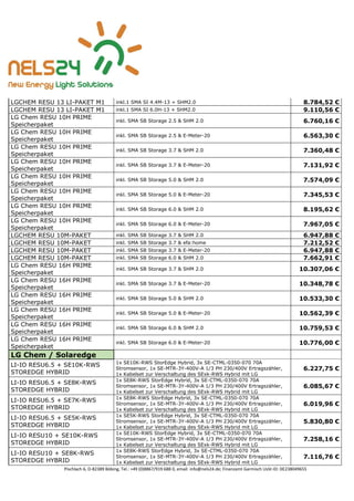 Pischlach 6, D-82389 Böbing, Tel.: +49 (0)8867/919 688 0, email: info@nels24.de; Finanzamt Garmisch UsSt-ID: DE238049655
LGCHEM RESU 13 LI-PAKET M1 inkl.1 SMA SI 4.4M-13 + SHM2.0 8.784,52 €
LGCHEM RESU 13 LI-PAKET M1 inkl.1 SMA SI 6.0H-13 + SHM2.0 9.110,56 €
LG Chem RESU 10H PRIME
Speicherpaket
inkl. SMA SB Storage 2.5 & SHM 2.0 6.760,16 €
LG Chem RESU 10H PRIME
Speicherpaket
inkl. SMA SB Storage 2.5 & E-Meter-20 6.563,30 €
LG Chem RESU 10H PRIME
Speicherpaket
inkl. SMA SB Storage 3.7 & SHM 2.0 7.360,48 €
LG Chem RESU 10H PRIME
Speicherpaket
inkl. SMA SB Storage 3.7 & E-Meter-20 7.131,92 €
LG Chem RESU 10H PRIME
Speicherpaket
inkl. SMA SB Storage 5.0 & SHM 2.0 7.574,09 €
LG Chem RESU 10H PRIME
Speicherpaket
inkl. SMA SB Storage 5.0 & E-Meter-20 7.345,53 €
LG Chem RESU 10H PRIME
Speicherpaket
inkl. SMA SB Storage 6.0 & SHM 2.0 8.195,62 €
LG Chem RESU 10H PRIME
Speicherpaket
inkl. SMA SB Storage 6.0 & E-Meter-20 7.967,05 €
LGCHEM RESU 10M-PAKET inkl. SMA SB Storage 3.7 & SHM 2.0 6.947,88 €
LGCHEM RESU 10M-PAKET inkl. SMA SB Storage 3.7 & efa:home 7.212,52 €
LGCHEM RESU 10M-PAKET inkl. SMA SB Storage 3.7 & E-Meter-20 6.947,88 €
LGCHEM RESU 10M-PAKET inkl. SMA SB Storage 6.0 & SHM 2.0 7.662,91 €
LG Chem RESU 16H PRIME
Speicherpaket
inkl. SMA SB Storage 3.7 & SHM 2.0 10.307,06 €
LG Chem RESU 16H PRIME
Speicherpaket
inkl. SMA SB Storage 3.7 & E-Meter-20 10.348,78 €
LG Chem RESU 16H PRIME
Speicherpaket
inkl. SMA SB Storage 5.0 & SHM 2.0 10.533,30 €
LG Chem RESU 16H PRIME
Speicherpaket
inkl. SMA SB Storage 5.0 & E-Meter-20 10.562,39 €
LG Chem RESU 16H PRIME
Speicherpaket
inkl. SMA SB Storage 6.0 & SHM 2.0 10.759,53 €
LG Chem RESU 16H PRIME
Speicherpaket
inkl. SMA SB Storage 6.0 & E-Meter-20 10.776,00 €
LG Chem / Solaredge
LI-IO RESU6.5 + SE10K-RWS
STOREDGE HYBRID
1x SE10K-RWS StorEdge Hybrid, 3x SE-CTML-0350-070 70A
Stromsensor, 1x SE-MTR-3Y-400V-A 1/3 PH 230/400V Ertragszähler,
1x Kabelset zur Verschaltung des SExk-RWS Hybrid mit LG
6.227,75 €
LI-IO RESU6.5 + SE8K-RWS
STOREDGE HYBRID
1x SE8K-RWS StorEdge Hybrid, 3x SE-CTML-0350-070 70A
Stromsensor, 1x SE-MTR-3Y-400V-A 1/3 PH 230/400V Ertragszähler,
1x Kabelset zur Verschaltung des SExk-RWS Hybrid mit LG
6.085,67 €
LI-IO RESU6.5 + SE7K-RWS
STOREDGE HYBRID
1x SE8K-RWS StorEdge Hybrid, 3x SE-CTML-0350-070 70A
Stromsensor, 1x SE-MTR-3Y-400V-A 1/3 PH 230/400V Ertragszähler,
1x Kabelset zur Verschaltung des SExk-RWS Hybrid mit LG
6.019,96 €
LI-IO RESU6.5 + SE5K-RWS
STOREDGE HYBRID
1x SE5K-RWS StorEdge Hybrid, 3x SE-CTML-0350-070 70A
Stromsensor, 1x SE-MTR-3Y-400V-A 1/3 PH 230/400V Ertragszähler,
1x Kabelset zur Verschaltung des SExk-RWS Hybrid mit LG
5.830,80 €
LI-IO RESU10 + SE10K-RWS
STOREDGE HYBRID
1x SE10K-RWS StorEdge Hybrid, 3x SE-CTML-0350-070 70A
Stromsensor, 1x SE-MTR-3Y-400V-A 1/3 PH 230/400V Ertragszähler,
1x Kabelset zur Verschaltung des SExk-RWS Hybrid mit LG
7.258,16 €
LI-IO RESU10 + SE8K-RWS
STOREDGE HYBRID
1x SE8K-RWS StorEdge Hybrid, 3x SE-CTML-0350-070 70A
Stromsensor, 1x SE-MTR-3Y-400V-A 1/3 PH 230/400V Ertragszähler,
1x Kabelset zur Verschaltung des SExk-RWS Hybrid mit LG
7.116,76 €
 
