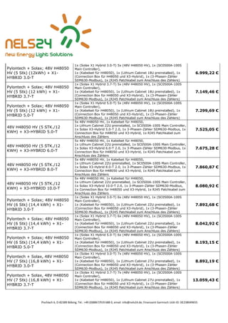 Pischlach 6, D-82389 Böbing, Tel.: +49 (0)8867/919 688 0, email: info@nels24.de; Finanzamt Garmisch UsSt-ID: DE238049655
Pylontech + Solax; 48V H48050
HV (5 Stk) (12kWh) + X1-
HYBRID 3.0-T
1x (Solax X1 Hybrid 3.0-T) 5x (48V H48050 HV), 1x (SC0500A-100S
Main Controller),
1x (Kabelset für H48050), 1x (Lithium Cabinet 18U preinstalled), 1x
(Connection Box für H48050 und X3-Hybrid), 1x (3-Phasen-Zähler
SDM630-Modbus), 1x (RJ45 Patchkabel zum Anschluss des Zählers)
6.999,22 €
Pylontech + Solax; 48V H48050
HV (5 Stk) (12 kWh) + X1-
HYBRID 3.7-T
1x (Solax X1 Hybrid 3.7-T) 5x (48V H48050 HV), 1x (SC0500A-100S
Main Controller),
1x (Kabelset für H48050), 1x (Lithium Cabinet 18U preinstalled), 1x
(Connection Box für H48050 und X3-Hybrid), 1x (3-Phasen-Zähler
SDM630-Modbus), 1x (RJ45 Patchkabel zum Anschluss des Zählers)
7.149,46 €
Pylontech + Solax; 48V H48050
HV (5 Stk) (12 kWh) + X1-
HYBRID 5.0-T
1x (Solax X1 Hybrid 5.0-T) 5x (48V H48050 HV), 1x (SC0500A-100S
Main Controller),
1x (Kabelset für H48050), 1x (Lithium Cabinet 18U preinstalled), 1x
(Connection Box für H48050 und X3-Hybrid), 1x (3-Phasen-Zähler
SDM630-Modbus), 1x (RJ45 Patchkabel zum Anschluss des Zählers)
7.299,69 €
48V H48050 HV (5 STK./12
KWH) + X3-HYBRID 5.0-T
5x 48V H48050 HV, 1x Kabelset für H48050,
1x Lithium Cabinet 22U preinstalled, 1x SC0500A-100S Main Controller,
1x Solax X3-Hybrid 5.0-T 2.0, 1x 3-Phasen-Zähler SDM630-Modbus, 1x
Connection Box für H48050 und X3-Hybrid, 1x RJ45 Patchkabel zum
Anschluss des Zählers
7.525,05 €
48V H48050 HV (5 STK./12
KWH) + X3-HYBRID 6.0-T
5x 48V H48050 HV, 1x Kabelset für H48050,
1x Lithium Cabinet 22U preinstalled, 1x SC0500A-100S Main Controller,
1x Solax X3-Hybrid 6.0-T 2.0, 1x 3-Phasen-Zähler SDM630-Modbus, 1x
Connection Box für H48050 und X3-Hybrid, 1x RJ45 Patchkabel zum
Anschluss des Zählers
7.675,28 €
48V H48050 HV (5 STK./12
KWH) + X3-HYBRID 8.0-T
5x 48V H48050 HV, 1x Kabelset für H48050,
1x Lithium Cabinet 22U preinstalled, 1x SC0500A-100S Main Controller,
1x Solax X3-Hybrid 8.0-T 2.0, 1x 3-Phasen-Zähler SDM630-Modbus, 1x
Connection Box für H48050 und X3-Hybrid, 1x RJ45 Patchkabel zum
Anschluss des Zählers
7.860,87 €
48V H48050 HV (5 STK./12
KWH) + X3-HYBRID 10.0-T
5x 48V H48050 HV, 1x Kabelset für H48050,
1x Lithium Cabinet 22U preinstalled, 1x SC0500A-100S Main Controller,
1x Solax X3-Hybrid 10.0-T 2.0, 1x 3-Phasen-Zähler SDM630-Modbus,
1x Connection Box für H48050 und X3-Hybrid, 1x RJ45 Patchkabel zum
Anschluss des Zählers
8.080,92 €
Pylontech + Solax; 48V H48050
HV (6 Stk) (14,4 kWh) + X1-
HYBRID 3.0-T
1x (Solax X1 Hybrid 3.0-T) 6x (48V H48050 HV), 1x (SC0500A-100S
Main Controller),
1x (Kabelset für H48050), 1x (Lithium Cabinet 22U preinstalled), 1x
(Connection Box für H48050 und X3-Hybrid), 1x (3-Phasen-Zähler
SDM630-Modbus), 1x (RJ45 Patchkabel zum Anschluss des Zählers)
7.892,68 €
Pylontech + Solax; 48V H48050
HV (6 Stk) (14,4 kWh) + X1-
HYBRID 3.7-T
1x (Solax X1 Hybrid 3.7-T) 6x (48V H48050 HV), 1x (SC0500A-100S
Main Controller),
1x (Kabelset für H48050), 1x (Lithium Cabinet 22U preinstalled), 1x
(Connection Box für H48050 und X3-Hybrid), 1x (3-Phasen-Zähler
SDM630-Modbus), 1x (RJ45 Patchkabel zum Anschluss des Zählers)
8.042,92 €
Pylontech + Solax; 48V H48050
HV (6 Stk) (14,4 kWh) + X1-
HYBRID 5.0-T
1x (Solax X1 Hybrid 5.0-T) 6x (48V H48050 HV), 1x (SC0500A-100S
Main Controller),
1x (Kabelset für H48050), 1x (Lithium Cabinet 22U preinstalled), 1x
(Connection Box für H48050 und X3-Hybrid), 1x (3-Phasen-Zähler
SDM630-Modbus), 1x (RJ45 Patchkabel zum Anschluss des Zählers)
8.193,15 €
Pylontech + Solax, 48V H48050
HV (7 Stk) (16,8 kWh) + X1-
HYBRID 3.0-T
1x (Solax X1 Hybrid 3.0-T) 7x (48V H48050 HV), 1x (SC0500A-100S
Main Controller),
1x (Kabelset für H48050), 1x (Lithium Cabinet 27U preinstalled), 1x
(Connection Box für H48050 und X3-Hybrid), 1x (3-Phasen-Zähler
SDM630-Modbus), 1x (RJ45 Patchkabel zum Anschluss des Zählers)
8.892,19 €
Pylontech + Solax, 48V H48050
HV (7 Stk) (16,8 kWh) + X1-
HYBRID 3.7-T
1x (Solax X1 Hybrid 3.7-T) 7x (48V H48050 HV), 1x (SC0500A-100S
Main Controller),
1x (Kabelset für H48050), 1x (Lithium Cabinet 27U preinstalled), 1x
(Connection Box für H48050 und X3-Hybrid), 1x (3-Phasen-Zähler
SDM630-Modbus), 1x (RJ45 Patchkabel zum Anschluss des Zählers)
13.059,43 €
 