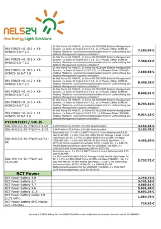 Pischlach 6, D-82389 Böbing, Tel.: +49 (0)8867/919 688 0, email: info@nels24.de; Finanzamt Garmisch UsSt-ID: DE238049655
96V FORCE-H2 10.5 + X3-
HYBRID 6.0-T 2.0
3x 96V Force-H2 FH9637, 1x Force-H2 FSC500M Batterie-Management-
System, 1x Solax X3 Hybrid 6.0-T 2.0, 1x 3-Phasen-Zähler SDM630-
Modbus *Batterie- und Kommunikationskabel sind im Lieferumfang des
Batterie-Management-Systems enthalten*
7.183,04 €
96V FORCE-H2 10.5 + X3-
HYBRID 8.0-T 2.0
3x 96V Force-H2 FH9637, 1x Force-H2 FSC500M Batterie-Management-
System, 1x Solax X3 Hybrid 8.0-T 2.0, 1x 3-Phasen-Zähler SDM630-
Modbus *Batterie- und Kommunikationskabel sind im Lieferumfang des
Batterie-Management-Systems enthalten*
7.368,62 €
96V FORCE-H2 10.5 + X3-
HYBRID 10.0-T 2.0
3x 96V Force-H2 FH9637, 1x Force-H2 FSC500M Batterie-Management-
System, 1x Solax X3 Hybrid 10.0-T 2.0, 1x 3-Phasen-Zähler SDM630-
Modbus *Batterie- und Kommunikationskabel sind im Lieferumfang des
Batterie-Management-Systems enthalten*
7.588,68 €
96V FORCE-H2 14.0 + X3-
HYBRID 5.0-T 2.0
4x 96V Force-H2 FH9637, 1x Force-H2 FSC500M Batterie-Management-
System, 1x Solax X3 Hybrid 5.0-T 2.0, 1x 3-Phasen-Zähler SDM630-
Modbus *Batterie- und Kommunikationskabel sind im Lieferumfang des
Batterie-Management-Systems enthalten*
8.458,28 €
96V FORCE-H2 14.0 + X3-
HYBRID 6.0-T 2.0
4x 96V Force-H2 FH9637, 1x Force-H2 FSC500M Batterie-Management-
System, 1x Solax X3 Hybrid 6.0-T 2.0, 1x 3-Phasen-Zähler SDM630-
Modbus *Batterie- und Kommunikationskabel sind im Lieferumfang des
Batterie-Management-Systems enthalten*
8.608,51 €
96V FORCE-H2 14.0 + X3-
HYBRID 8.0-T 2.0
4x 96V Force-H2 FH9637, 1x Force-H2 FSC500M Batterie-Management-
System, 1x Solax X3 Hybrid 8.0-T 2.0, 1x 3-Phasen-Zähler SDM630-
Modbus *Batterie- und Kommunikationskabel sind im Lieferumfang des
Batterie-Management-Systems enthalten*
8.794,10 €
96V FORCE-H2 14.0 + X3-
HYBRID 10.0-T 2.0
4x 96V Force-H2 FH9637, 1x Force-H2 FSC500M Batterie-Management-
System, 1x Solax X3 Hybrid 10.0-T 2.0, 1x 3-Phasen-Zähler SDM630-
Modbus *Batterie- und Kommunikationskabel sind im Lieferumfang des
Batterie-Management-Systems enthalten*
9.014,15 €
PYLONTECH / SOLIS
SOL-RHI-3.0-5G-PYLON-4.8-DE 3.0kW Hybrid 5G & Pylon 4.8 kWh Speicherpaket 3.155,65 €
SOL-RHI-3.6-5G-PYLON-4.8-DE 3.6kW Hybrid 5G & Pylon 4.8 kWh Speicherpaket 3.195,78 €
SOL-RHI-3.6-5G-PYLON-L2-7.1-
DE
Bestehend aus: 2 x PYL-L2-BATT Force-L2 Li-ion Batteriemodul 3.55
kWh FL4874M, 1 x SOL-3.6K-RHI-48ES-5G-DC Storage 3.6kW Hybrid
High Power DC S5, 1 x PYL-L2-BMU-BASE Force-L2 BMU mit Base
FC0048M-100, 1 x SOL-RHI-METER-3P RHI Hybrid 3ph Meter, 1 x
KETO-00 Sicherungslasttrennschalter KETO / Größe 00 , 1 x CAB-PK-
PYLON Batterieanschluss-kabel-Set für US2000B / US3000, 2 x
N5014107-80A Sicherungseinsatz 80A für KETO-00
4.456,59 €
SOL-RHI-4.6-5G-PYLON-L2-
10.65-DE
Bestehend auzs: 3 x PYL-L2-BATT Force-L2 Li-ion Batteriemodul 3.55
kWh FL4874M,
1 x SOL-4.6K-RHI-48ES-5G-DC Storage 4.6kW Hybrid High Power DC
S5, 1 x PYL-L2-BMU-BASE Force-L2 BMU mit Base FC0048M-100, 1 x
SOL-RHI-METER-3P RHI Hybrid 3ph Meter, 1 x KETO-00 Sicherungs-
lasttrennschalter KETO / Größe 00, 1 x CAB-PK-PYLON
Batterieanschlusskabel-Set für US2000B / US3000, 2 x N5014607-
125A Sicherungseinsatz 125A für KETO-00
5.737,72 €
RCT Power
RCT Power Battery 3.8 2.750,72 €
RCT Power Battery 5.7 3.741,18 €
RCT Power Battery 7.7 4.689,61 €
RCT Power Battery 9.6 5.691,48 €
RCT Power Battery 11.5 6.693,36 €
RCT Power Battery Modul 1.9
(1,73 kWh)
1.064,79 €
RCT Power Battery BMS Master,
incl. Unterbau
724,92 €
 