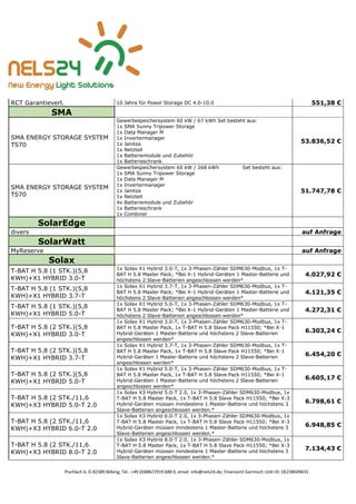 Pischlach 6, D-82389 Böbing, Tel.: +49 (0)8867/919 688 0, email: info@nels24.de; Finanzamt Garmisch UsSt-ID: DE238049655
RCT Garantieverl. 10 Jahre für Power Storage DC 4.0-10.0 551,38 €
SMA
SMA ENERGY STORAGE SYSTEM
TS70
Gewerbespeichersystem 60 kW / 67 kWh Set besteht aus:
1x SMA Sunny Tripower Storage
1x Data Manager M
1x Invertermanager
1x Janitza
1x Netzteil
1x Batteriemodule und Zubehör
1x Batterieschrank
53.836,52 €
SMA ENERGY STORAGE SYSTEM
TS70
Gewerbespeichersystem 60 kW / 268 kWh Set besteht aus:
1x SMA Sunny Tripower Storage
1x Data Manager M
1x Invertermanager
1x Janitza
1x Netzteil
4x Batteriemodule und Zubehör
1x Batterieschrank
1x Combiner
51.747,78 €
SolarEdge
divers auf Anfrage
SolarWatt
MyReserve auf Anfrage
Solax
T-BAT H 5.8 (1 STK.)(5,8
KWH)+X1 HYBRID 3.0-T
1x Solax X1 Hybrid 3.0-T, 1x 3-Phasen-Zähler SDM630-Modbus, 1x T-
BAT H 5.8 Master Pack; *Bei X-1 Hybrid-Geräten 1 Master-Batterie und
höchstens 2 Slave-Batterien angeschlossen werden*
4.027,92 €
T-BAT H 5.8 (1 STK.)(5,8
KWH)+X1 HYBRID 3.7-T
1x Solax X1 Hybrid 3.7-T, 1x 3-Phasen-Zähler SDM630-Modbus, 1x T-
BAT H 5.8 Master Pack; *Bei X-1 Hybrid-Geräten 1 Master-Batterie und
höchstens 2 Slave-Batterien angeschlossen werden*
4.121,35 €
T-BAT H 5.8 (1 STK.)(5,8
KWH)+X1 HYBRID 5.0-T
1x Solax X1 Hybrid 5.0-T, 1x 3-Phasen-Zähler SDM630-Modbus, 1x T-
BAT H 5.8 Master Pack; *Bei X-1 Hybrid-Geräten 1 Master-Batterie und
höchstens 2 Slave-Batterien angeschlossen werden*
4.272,31 €
T-BAT H 5.8 (2 STK.)(5,8
KWH)+X1 HYBRID 3.0-T
1x Solax X1 Hybrid 3.0-T, 1x 3-Phasen-Zähler SDM630-Modbus, 1x T-
BAT H 5.8 Master Pack, 1x T-BAT H 5.8 Slave Pack H11550; *Bei X-1
Hybrid-Geräten 1 Master-Batterie und höchstens 2 Slave-Batterien
angeschlossen werden*
6.303,24 €
T-BAT H 5.8 (2 STK.)(5,8
KWH)+X1 HYBRID 3.7-T
1x Solax X1 Hybrid 3.7-T, 1x 3-Phasen-Zähler SDM630-Modbus, 1x T-
BAT H 5.8 Master Pack, 1x T-BAT H 5.8 Slave Pack H11550; *Bei X-1
Hybrid-Geräten 1 Master-Batterie und höchstens 2 Slave-Batterien
angeschlossen werden*
6.454,20 €
T-BAT H 5.8 (2 STK.)(5,8
KWH)+X1 HYBRID 5.0-T
1x Solax X1 Hybrid 5.0-T, 1x 3-Phasen-Zähler SDM630-Modbus, 1x T-
BAT H 5.8 Master Pack, 1x T-BAT H 5.8 Slave Pack H11550; *Bei X-1
Hybrid-Geräten 1 Master-Batterie und höchstens 2 Slave-Batterien
angeschlossen werden*
6.605,17 €
T-BAT H 5.8 (2 STK./11,6
KWH)+X3 HYBRID 5.0-T 2.0
1x Solax X3 Hybrid 5.0-T 2.0, 1x 3-Phasen-Zähler SDM630-Modbus, 1x
T-BAT H 5.8 Master Pack, 1x T-BAT H 5.8 Slave Pack H11550; *Bei X-3
Hybrid-Geräten müssen mindestens 1 Master-Batterie und höchstens 3
Slave-Batterien angeschlossen werden.*
6.798,61 €
T-BAT H 5.8 (2 STK./11,6
KWH)+X3 HYBRID 6.0-T 2.0
1x Solax X3 Hybrid 6.0-T 2.0, 1x 3-Phasen-Zähler SDM630-Modbus, 1x
T-BAT H 5.8 Master Pack, 1x T-BAT H 5.8 Slave Pack H11550; *Bei X-3
Hybrid-Geräten müssen mindestens 1 Master-Batterie und höchstens 3
Slave-Batterien angeschlossen werden.*
6.948,85 €
T-BAT H 5.8 (2 STK./11,6
KWH)+X3 HYBRID 8.0-T 2.0
1x Solax X3 Hybrid 8.0-T 2.0, 1x 3-Phasen-Zähler SDM630-Modbus, 1x
T-BAT H 5.8 Master Pack, 1x T-BAT H 5.8 Slave Pack H11550; *Bei X-3
Hybrid-Geräten müssen mindestens 1 Master-Batterie und höchstens 3
Slave-Batterien angeschlossen werden.*
7.134,43 €
 