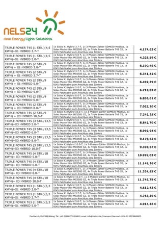 Pischlach 6, D-82389 Böbing, Tel.: +49 (0)8867/919 688 0, email: info@nels24.de; Finanzamt Garmisch UsSt-ID: DE238049655
TRIPLE POWER T45 (1 STK.)(4,5
KWH)+X1 HYBRID 3.7-T
1x Solax X1 Hybrid 3.7-T, 1x 3-Phasen-Zähler SDM630-Modbus, 1x
Solax Master Box MC0500 G2, 1x Triple Power Batterie T45 G2, 1x
RJ45 Patchkabel zum Anschluss des Zählers
4.174,63 €
TRIPLE POWER T45 (1 STK.)(4,5
KWH)+X1 HYBRID 5.0-T
1x Solax X1 Hybrid 5.0-T, 1x 3-Phasen-Zähler SDM630-Modbus, 1x
Solax Master Box MC0500 G2, 1x Triple Power Batterie T45 G2, 1x
RJ45 Patchkabel zum Anschluss des Zählers
4.325,59 €
TRIPLE POWER T45 (2 STK./9
KWH) + X1 HYBRID 3.0-T
1x Solax X1 Hybrid 3.0-T, 1x 3-Phasen-Zähler SDM630-Modbus, 1x
Solax Master Box MC0500 G2, 2x Triple Power Batterie T45 G2, 1x
RJ45 Patchkabel zum Anschluss des Zählers
6.190,46 €
TRIPLE POWER T45 (2 STK./9
KWH) + X1 HYBRID 3.7-T
1x Solax X1 Hybrid 3.7-T, 1x 3-Phasen-Zähler SDM630-Modbus, 1x
Solax Master Box MC0500 G2, 2x Triple Power Batterie T45 G2, 1x
RJ45 Patchkabel zum Anschluss des Zählers
6.341,42 €
TRIPLE POWER T45 (2 STK./9
KWH) + X1 HYBRID 5.0-T
1x Solax X1 Hybrid 5.0-T, 1x 3-Phasen-Zähler SDM630-Modbus, 1x
Solax Master Box MC0500 G2, 2x Triple Power Batterie T45 G2, 1x
RJ45 Patchkabel zum Anschluss des Zählers
6.492,39 €
TRIPLE POWER T45 (2 STK./9
KWH) + X3 HYBRID 5.0-T
1x Solax X3 Hybrid 5.0-T, 1x 3-Phasen-Zähler SDM630-Modbus, 1x
Solax Master Box MC0500 G2, 2x Triple Power Batterie T45 G2, 1x
RJ45 Patchkabel zum Anschluss des Zählers
6.718,83 €
TRIPLE POWER T45 (2 STK./9
KWH) + X3 HYBRID 6.0-T
1x Solax X3 Hybrid 6.0-T, 1x 3-Phasen-Zähler SDM630-Modbus, 1x
Solax Master Box MC0500 G2, 2x Triple Power Batterie T45 G2, 1x
RJ45 Patchkabel zum Anschluss des Zählers
6.836,61 €
TRIPLE POWER T45 (2 STK./9
KWH) + X3 HYBRID 8.0-T
1x Solax X3 Hybrid 8.0-T, 1x 3-Phasen-Zähler SDM630-Modbus, 1x
Solax Master Box MC0500 G2, 2x Triple Power Batterie T45 G2, 1x
RJ45 Patchkabel zum Anschluss des Zählers
7.022,20 €
TRIPLE POWER T45 (2 STK./9
KWH) + X3 HYBRID 10.0-T
1x Solax X3 Hybrid 10.0-T, 1x 3-Phasen-Zähler SDM630-Modbus, 1x
Solax Master Box MC0500 G2, 2x Triple Power Batterie T45 G2, 1x
RJ45 Patchkabel zum Anschluss des Zählers
7.242,25 €
TRIPLE POWER T45 (3 STK./13,5
KWH)+X3 HYBRID 5.0-T
1x Solax X3 Hybrid 5.0-T, 1x 3-Phasen-Zähler SDM630-Modbus, 1x
Solax Master Box MC0500 G2, 3x Triple Power Batterie T45 G2, 1x
RJ45 Patchkabel zum Anschluss des Zählers
8.842,70 €
TRIPLE POWER T45 (3 STK./13,5
KWH)+X3 HYBRID 6.0-T
1x Solax X3 Hybrid 6.0-T, 1x 3-Phasen-Zähler SDM630-Modbus, 1x
Solax Master Box MC0500 G2, 3x Triple Power Batterie T45 G2, 1x
RJ45 Patchkabel zum Anschluss des Zählers
8.992,94 €
TRIPLE POWER T45 (3 STK./13,5
KWH)+X3 HYBRID 8.0-T
1x Solax X3 Hybrid 8.0-T, 1x 3-Phasen-Zähler SDM630-Modbus, 1x
Solax Master Box MC0500 G2, 3x Triple Power Batterie T45 G2, 1x
RJ45 Patchkabel zum Anschluss des Zählers
9.178,52 €
TRIPLE POWER T45 (3 STK./13,5
KWH)+X3 HYBRID 10.0-T
1x Solax X3 Hybrid 10.0-T, 1x 3-Phasen-Zähler SDM630-Modbus, 1x
Solax Master Box MC0500 G2, 3x Triple Power Batterie T45 G2, 1x
RJ45 Patchkabel zum Anschluss des Zählers
9.398,57 €
TRIPLE POWER T45 (4 STK./18
KWH)+ X3 HYBRID 5.0-T
1x Solax X3 Hybrid 5.0-T, 1x 3-Phasen-Zähler SDM630-Modbus, 1x
Solax Master Box MC0500 G2, 4x Triple Power Batterie T45 G2, 1x
RJ45 Patchkabel zum Anschluss des Zählers
10.999,03 €
TRIPLE POWER T45 (4 STK./18
KWH)+ X3 HYBRID 6.0-T
1x Solax X3 Hybrid 6.0-T, 1x 3-Phasen-Zähler SDM630-Modbus, 1x
Solax Master Box MC0500 G2, 4x Triple Power Batterie T45 G2, 1x
RJ45 Patchkabel zum Anschluss des Zählers
11.149,26 €
TRIPLE POWER T45 (4 STK./18
KWH)+ X3 HYBRID 8.0-T
1x Solax X3 Hybrid 8.0-T, 1x 3-Phasen-Zähler SDM630-Modbus, 1x
Solax Master Box MC0500 G2, 4x Triple Power Batterie T45 G2, 1x
RJ45 Patchkabel zum Anschluss des Zählers
11.334,85 €
TRIPLE POWER T45 (4 STK./18
KWH)+ X3 HYBRID 10.0-T
1x Solax X3 Hybrid 10.0-T, 1x 3-Phasen-Zähler SDM630-Modbus, 1x
Solax Master Box MC0500 G2, 4x Triple Power Batterie T45 G2, 1x
RJ45 Patchkabel zum Anschluss des Zählers
11.745,79 €
TRIPLE POWER T63 (1 STK.)(6,3
KWH)+X1 HYBRID 3.0-T
1x Solax X1 Hybrid 3.0-T, 1x 3-Phasen-Zähler SDM630-Modbus, 1x
Solax Master Box MC0500 G2, 1x Triple Power Batterie T63 G2, 1x
RJ45 Patchkabel zum Anschluss des Zählers
4.612,43 €
TRIPLE POWER T63 (1 STK.)(6,3
KWH)+X1 HYBRID 3.7-T
1x Solax X1 Hybrid 3.7-T, 1x 3-Phasen-Zähler SDM630-Modbus, 1x
Solax Master Box MC0500 G2, 1x Triple Power Batterie T63 G2, 1x
RJ45 Patchkabel zum Anschluss des Zählers
4.763,39 €
TRIPLE POWER T63 (1 STK.)(6,3
KWH)+X1 HYBRID 5.0-T
1x Solax X1 Hybrid 5.0-T, 1x 3-Phasen-Zähler SDM630-Modbus, 1x
Solax Master Box MC0500 G2, 1x Triple Power Batterie T63 G2, 1x
RJ45 Patchkabel zum Anschluss des Zählers
4.914,36 €
 