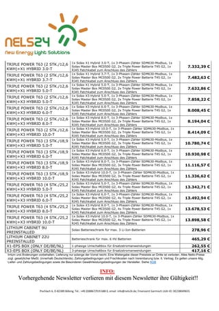 Pischlach 6, D-82389 Böbing, Tel.: +49 (0)8867/919 688 0, email: info@nels24.de; Finanzamt Garmisch UsSt-ID: DE238049655
TRIPLE POWER T63 (2 STK./12,6
KWH)+X1 HYBRID 3.0-T
1x Solax X1 Hybrid 3.0-T, 1x 3-Phasen-Zähler SDM630-Modbus, 1x
Solax Master Box MC0500 G2, 2x Triple Power Batterie T45 G2, 1x
RJ45 Patchkabel zum Anschluss des Zählers
7.332,39 €
TRIPLE POWER T63 (2 STK./12,6
KWH)+X1 HYBRID 3.7-T
1x Solax X1 Hybrid 3.7-T, 1x 3-Phasen-Zähler SDM630-Modbus, 1x
Solax Master Box MC0500 G2, 2x Triple Power Batterie T45 G2, 1x
RJ45 Patchkabel zum Anschluss des Zählers
7.482,63 €
TRIPLE POWER T63 (2 STK./12,6
KWH)+X1 HYBRID 5.0-T
1x Solax X1 Hybrid 5.0-T, 1x 3-Phasen-Zähler SDM630-Modbus, 1x
Solax Master Box MC0500 G2, 2x Triple Power Batterie T45 G2, 1x
RJ45 Patchkabel zum Anschluss des Zählers
7.632,86 €
TRIPLE POWER T63 (2 STK./12,6
KWH)+X3 HYBRID 5.0-T
1x Solax X3 Hybrid 5.0-T, 1x 3-Phasen-Zähler SDM630-Modbus, 1x
Solax Master Box MC0500 G2, 2x Triple Power Batterie T45 G2, 1x
RJ45 Patchkabel zum Anschluss des Zählers
7.858,22 €
TRIPLE POWER T63 (2 STK./12,6
KWH)+X3 HYBRID 6.0-T
1x Solax X3 Hybrid 6.0-T, 1x 3-Phasen-Zähler SDM630-Modbus, 1x
Solax Master Box MC0500 G2, 2x Triple Power Batterie T45 G2, 1x
RJ45 Patchkabel zum Anschluss des Zählers
8.008,45 €
TRIPLE POWER T63 (2 STK./12,6
KWH)+X3 HYBRID 8.0-T
1x Solax X3 Hybrid 8.0-T, 1x 3-Phasen-Zähler SDM630-Modbus, 1x
Solax Master Box MC0500 G2, 2x Triple Power Batterie T45 G2, 1x
RJ45 Patchkabel zum Anschluss des Zählers
8.194,04 €
TRIPLE POWER T63 (2 STK./12,6
KWH)+X3 HYBRID 10.0-T
1x Solax X3 Hybrid 10.0-T, 1x 3-Phasen-Zähler SDM630-Modbus, 1x
Solax Master Box MC0500 G2, 2x Triple Power Batterie T45 G2, 1x
RJ45 Patchkabel zum Anschluss des Zählers
8.414,09 €
TRIPLE POWER T63 (3 STK./18,9
KWH)+X3 HYBRID 5.0-T
1x Solax X3 Hybrid 5.0-T, 1x 3-Phasen-Zähler SDM630-Modbus, 1x
Solax Master Box MC0500 G2, 3x Triple Power Batterie T45 G2, 1x
RJ45 Patchkabel zum Anschluss des Zählers
10.780,74 €
TRIPLE POWER T63 (3 STK./18,9
KWH)+X3 HYBRID 6.0-T
1x Solax X3 Hybrid 6.0-T, 1x 3-Phasen-Zähler SDM630-Modbus, 1x
Solax Master Box MC0500 G2, 3x Triple Power Batterie T45 G2, 1x
RJ45 Patchkabel zum Anschluss des Zählers
10.930,98 €
TRIPLE POWER T63 (3 STK./18,9
KWH)+X3 HYBRID 8.0-T
1x Solax X3 Hybrid 8.0-T, 1x 3-Phasen-Zähler SDM630-Modbus, 1x
Solax Master Box MC0500 G2, 3x Triple Power Batterie T45 G2, 1x
RJ45 Patchkabel zum Anschluss des Zählers
11.116,57 €
TRIPLE POWER T63 (3 STK./18,9
KWH)+X3 HYBRID 10.0-T
1x Solax X3 Hybrid 10.0-T, 1x 3-Phasen-Zähler SDM630-Modbus, 1x
Solax Master Box MC0500 G2, 3x Triple Power Batterie T45 G2, 1x
RJ45 Patchkabel zum Anschluss des Zählers
11.336,62 €
TRIPLE POWER T63 (4 STK./25,2
KWH)+X3 HYBRID 5.0-T
1x Solax X3 Hybrid 5.0-T, 1x 3-Phasen-Zähler SDM630-Modbus, 1x
Solax Master Box MC0500 G2, 4x Triple Power Batterie T45 G2, 1x
RJ45 Patchkabel zum Anschluss des Zählers
13.342,71 €
TRIPLE POWER T63 (4 STK./25,2
KWH)+X3 HYBRID 6.0-T
1x Solax X3 Hybrid 6.0-T, 1x 3-Phasen-Zähler SDM630-Modbus, 1x
Solax Master Box MC0500 G2, 4x Triple Power Batterie T45 G2, 1x
RJ45 Patchkabel zum Anschluss des Zählers
13.492,94 €
TRIPLE POWER T63 (4 STK./25,2
KWH)+X3 HYBRID 8.0-T
1x Solax X3 Hybrid 8.0-T, 1x 3-Phasen-Zähler SDM630-Modbus, 1x
Solax Master Box MC0500 G2, 4x Triple Power Batterie T45 G2, 1x
RJ45 Patchkabel zum Anschluss des Zählers
13.678,53 €
TRIPLE POWER T63 (4 STK./25,2
KWH)+X3 HYBRID 10.0-T
1x Solax X3 Hybrid 10.0-T, 1x 3-Phasen-Zähler SDM630-Modbus, 1x
Solax Master Box MC0500 G2, 4x Triple Power Batterie T45 G2, 1x
RJ45 Patchkabel zum Anschluss des Zählers
13.898,58 €
LITHIUM CABINET 9U
PREINSTALLED
Solax Batterieschrank für max. 3 Li-Ion-Batterien 278,96 €
LITHIUM CABINET 22U
PREINSTALLED
Batterieschrank für max. 6 HV Batterien 465,29 €
X1-EPS BOX (ONLY DE/BE/NL) 1-phasige Umschaltbox für Ersatzstromanwendungen 262,55 €
X3-EPS BOX (ONLY DE/BE/NL) 3-phasige Umschaltbox für Ersatzstromanwendungen 417,16 €
Irrtum und Änderungen vorbehalten. Lieferung nur solange der Vorrat reicht. Eine Weitergabe dieser Preisliste an Dritte ist verboten. Alles Netto-Preise
zzgl. gesetzlicher MwSt. (innerhalb Deutschlands). Zahlungsbedingungen und Frachtkosten nach Vereinbarung bzw. lt. Vertrag. Es gelten unsere Allg.
Liefer- und Zahlungsbedingungen sowie die Besonderen Gewährleistungsbedingungen der Hersteller. Siehe AGB
INFO:
Vorhergehende Newsletter verlieren mit diesem Newsletter ihre Gültigkeit!!
 