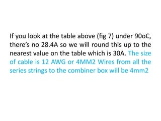 If you look at the table above (fig 7) under 90oC,
there’s no 28.4A so we will round this up to the
nearest value on the table which is 30A. The size
of cable is 12 AWG or 4MM2 Wires from all the
series strings to the combiner box will be 4mm2
 
