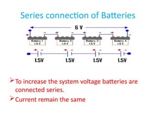 Series connection of Batteries
To increase the system voltage batteries are
connected series.
Current remain the same
 