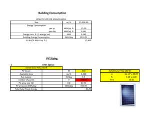 Building Consumption
                           HOW TO SIZE FOR SOLAR PANELS
                         Size                           sq. ft.    23,000.00                             total
                Energy Consumption                                                                                     68
                                         per yr.     kWh/sq. ft.    15.00                                             114
                                         per day     kWh/sq. ft.    0.041                                              82
            Energy cons. X 1.3 energy lost               kWh        0.049                                              94
            Building Energy Consumption               kWh/day      1474.52
               PV ROOF AREA (sq. ft.)                                   13,800    1kwh=3413 but




                                     PV Sizing

1                                  UTSA Option
                Schott Solar Poly 240 W
            PV to use                                    W            240                Schott Solar Poly 240 W
         Available Area                                sq. ft.       6,300                 in              66.34” x 39.09'
           Sun expose                                  Hr/day         5.3                  ft.              5.53' x 3.26'
       number of panels                                  #          349.83                ft^2                 18.01
        PV array size kW                                kW           83.96
     PV array size kWh/day                            kWh/day       444.99
    Total Solar Panel Energy                                              30.2%
 
