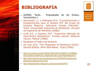 BIBLIOGRAFIA
> AHMED, Tarek.        Propiedades de los fluidos.
  Yacimientos I.
> Aramendiz J.J. y Velázquez M.A. “Consideraciones y
  Procedimientos para el Análisis PVT del Crudo de
  Campos Maduros. Aplicación Campo Colorado”.
  Tesis. Universidad Industrial de Santander, Escuela
  de Ingeniería de Petróleos (2008).
> Craft B.C. y Hawkins M.F. “Ingeniería Aplicada de
  Yacimientos Petrolíferos”. Primera edición. Editorial
  Tecnos. Madrid (1968).
> Equations of state and Analysis.
> Mc Cain W.D. “The Properties of Petroleum Fluids”.
  Second Edition. Penn Well Books. Tulsa (1990).

> http://es.scribd.com/doc/52457766/2/FACTORES-A-TOMAR-
  EN-CUENTA-PARA-EL-ANALISIS-DE-LAS-PRUEBAS-PVT
> http://yacimientos-de-gas.blogspot.com/2009/03/analisis-pvt-
  liberacion-diferencial-e.html
> http://blogpetrolero.blogspot.com/search/label/PVT             29
 