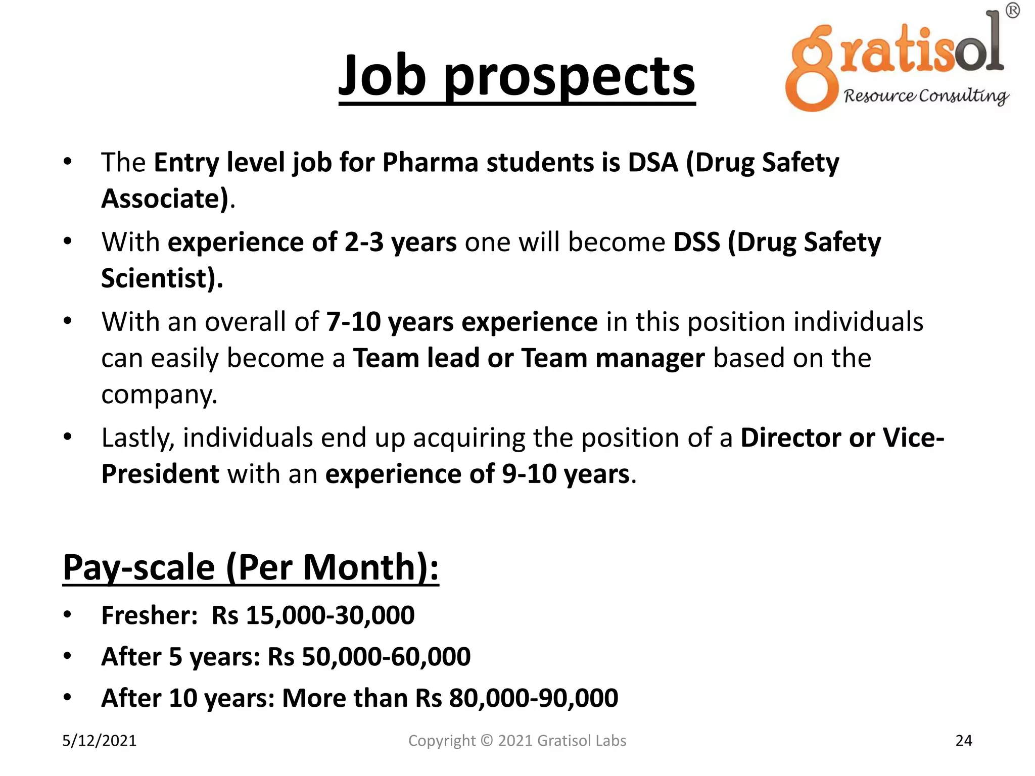 Job prospects
• The Entry level job for Pharma students is DSA (Drug Safety
Associate).
• With experience of 2-3 years one will become DSS (Drug Safety
Scientist).
• With an overall of 7-10 years experience in this position individuals
can easily become a Team lead or Team manager based on the
company.
• Lastly, individuals end up acquiring the position of a Director or Vice-
President with an experience of 9-10 years.
Pay-scale (Per Month):
• Fresher: Rs 15,000-30,000
• After 5 years: Rs 50,000-60,000
• After 10 years: More than Rs 80,000-90,000
24
Copyright © 2021 Gratisol Labs
5/12/2021
 