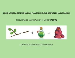 COMO VAMOS A OBTENER NUEVAS PLANTAS EN EL PVP DESPUES DE LA CLONACION
RECOLECTANDO MATERIALES EN EL MODO CASUAL
COMPRANDO EN EL NUEVO MARKETPLACE
 