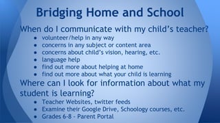 Bridging Home and School 
When do I communicate with my child’s teacher? 
● volunteer/help in any way 
● concerns in any subject or content area 
● concerns about child’s vision, hearing, etc. 
● language help 
● find out more about helping at home 
● find out more about what your child is learning 
Where can I look for information about what my 
student is learning? 
● Teacher Websites, twitter feeds 
● Examine their Google Drive, Schoology courses, etc. 
● Grades 6-8 - Parent Portal 
 