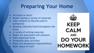 Preparing Your Home 
● All hands on deck! 
● Model reading a variety of materials 
● Take children to libraries and/or 
bookstores 
● Reading materials found throughout the 
home 
● A variety of writing materials 
● Books are associated with pleasure 
● Well-organized home 
● Scheduled daily activities 
● Rules and designated responsibilities 
● Quiet space to work 
 