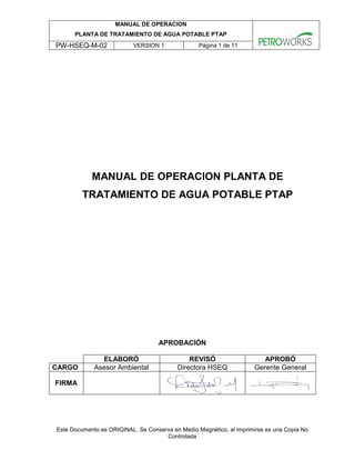 PW-HSEQ-M-02 Manual de Operación Planta de Tratamiento de Agua Potable ...