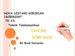 LION AIR
IS MY HEART
Sir Budi Harianto
NOVA LESTARI SIBURIAN
1605062047
TK-1D
Teknik Telekomunikasi
 