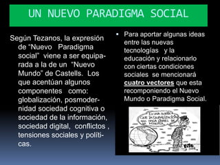 UN NUEVO PARADIGMA SOCIAL
                                    Para aportar algunas ideas
Según Tezanos, la expresión
                                     entre las nuevas
  de “Nuevo Paradigma                tecnologías y la
  social” viene a ser equipa-        educación y relacionarlo
  rada a la de un “Nuevo             con ciertas condiciones
  Mundo” de Castells. Los            sociales se mencionará
  que acentúan algunos               cuatro vectores que esta
  componentes como:                  recomponiendo el Nuevo
  globalización, posmoder-           Mundo o Paradigma Social.
  nidad sociedad cognitiva o
  sociedad de la información,
  sociedad digital, conflictos ,
  tensiones sociales y políti-
  cas.
 