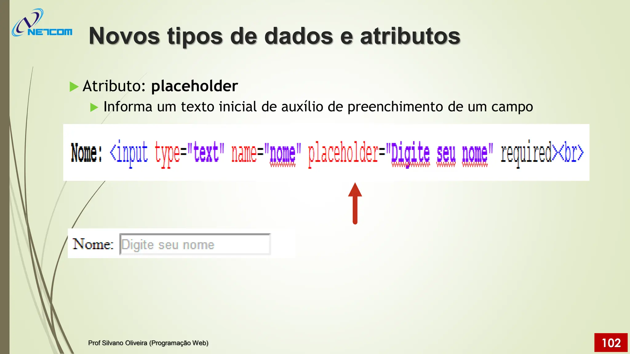  Atributo: placeholder
 Informa um texto inicial de auxílio de preenchimento de um campo
Novos tipos de dados e atributos
Prof Silvano Oliveira (Programação Web) 102
 