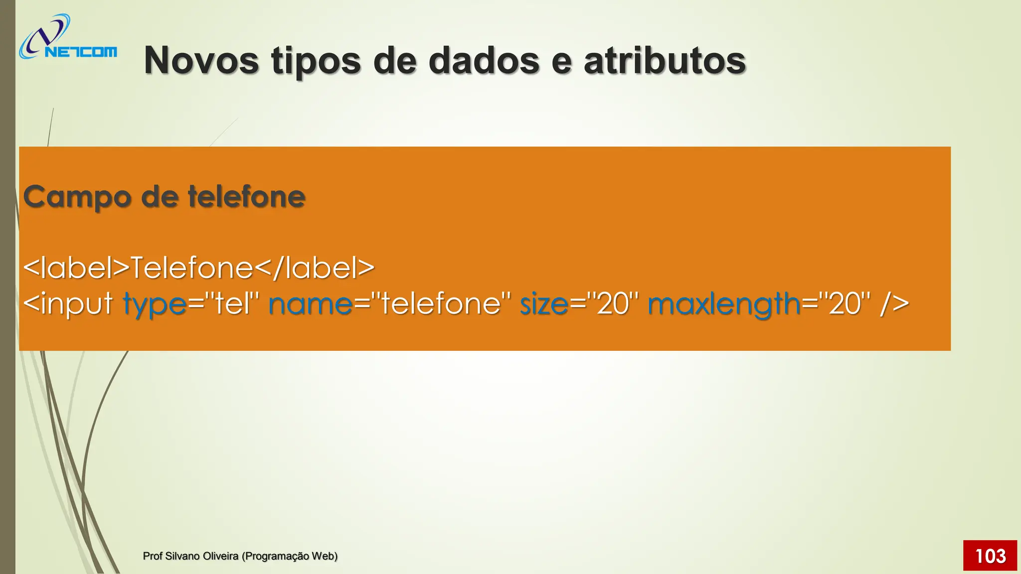Novos tipos de dados e atributos
Prof Silvano Oliveira (Programação Web) 103
Campo de telefone
<label>Telefone</label>
<input type="tel" name="telefone" size="20" maxlength="20" />
 