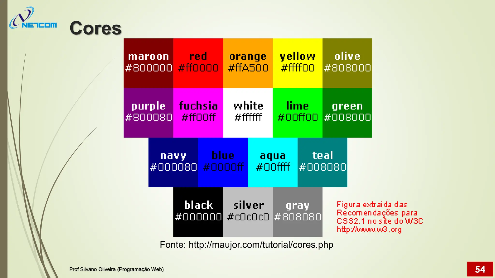 Cores
Fonte: http://maujor.com/tutorial/cores.php
Prof Silvano Oliveira (Programação Web) 54
 