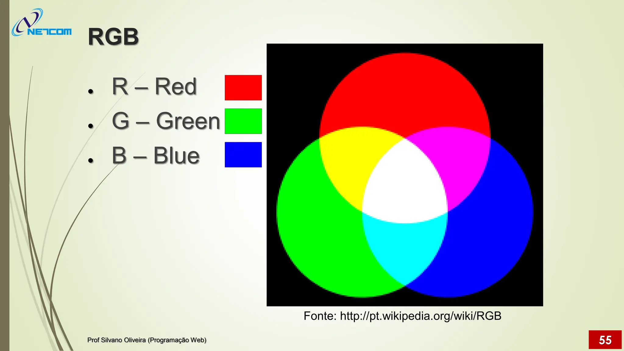 RGB
● R – Red
● G – Green
● B – Blue
Fonte: http://pt.wikipedia.org/wiki/RGB
Prof Silvano Oliveira (Programação Web) 55
 