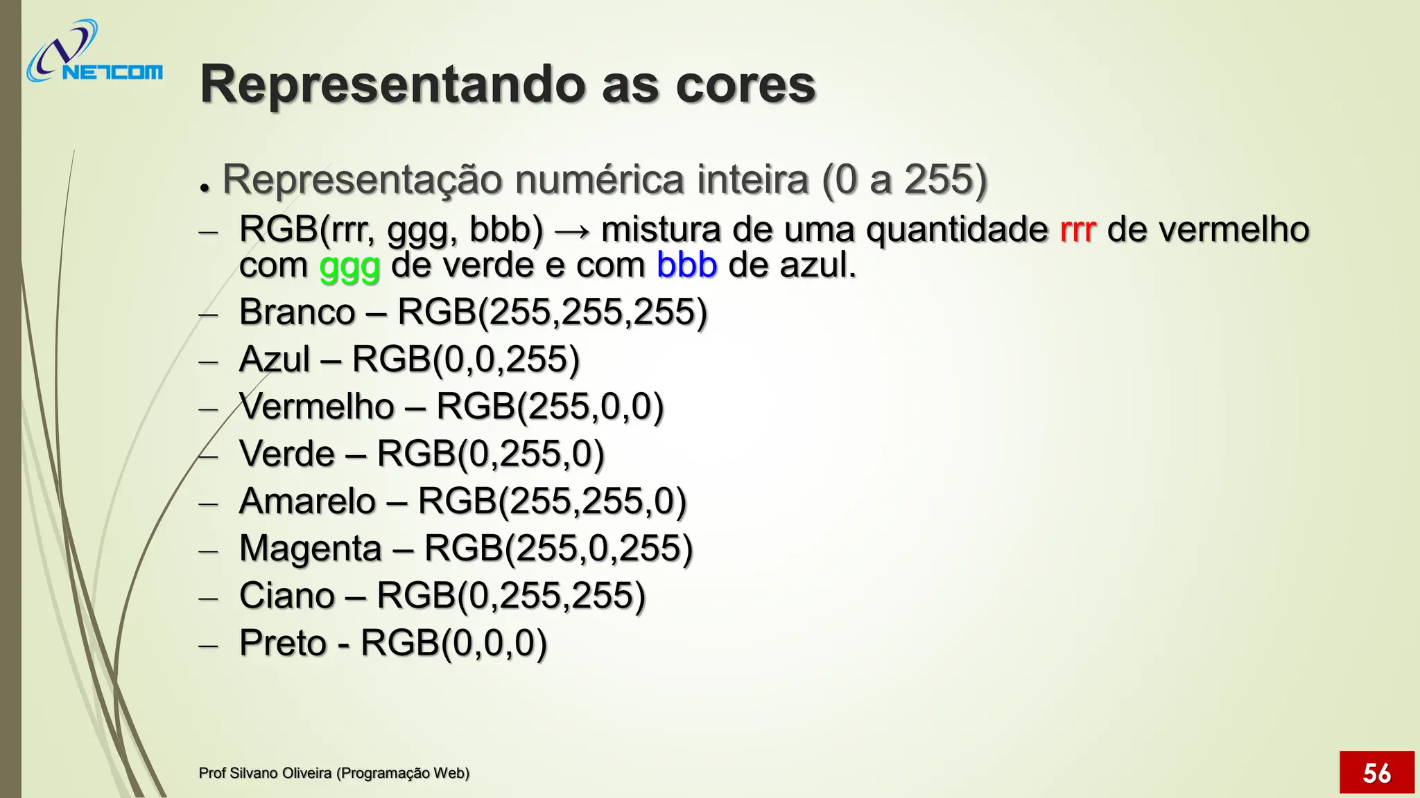 Representando as cores
● Representação numérica inteira (0 a 255)
– RGB(rrr, ggg, bbb) → mistura de uma quantidade rrr de vermelho
com ggg de verde e com bbb de azul.
– Branco – RGB(255,255,255)
– Azul – RGB(0,0,255)
– Vermelho – RGB(255,0,0)
– Verde – RGB(0,255,0)
– Amarelo – RGB(255,255,0)
– Magenta – RGB(255,0,255)
– Ciano – RGB(0,255,255)
– Preto - RGB(0,0,0)
Prof Silvano Oliveira (Programação Web) 56
 