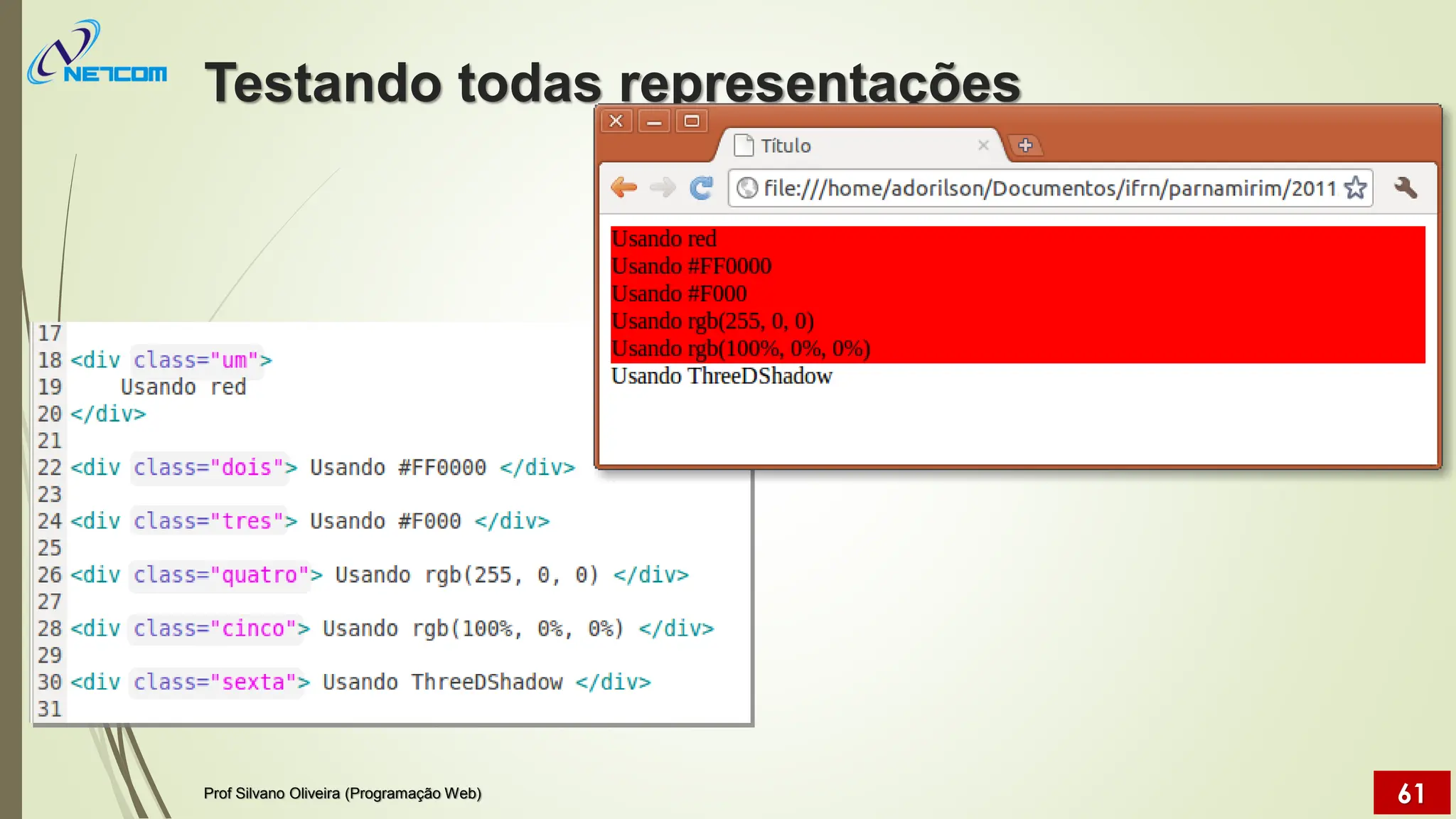 Testando todas representações
Prof Silvano Oliveira (Programação Web) 61
 