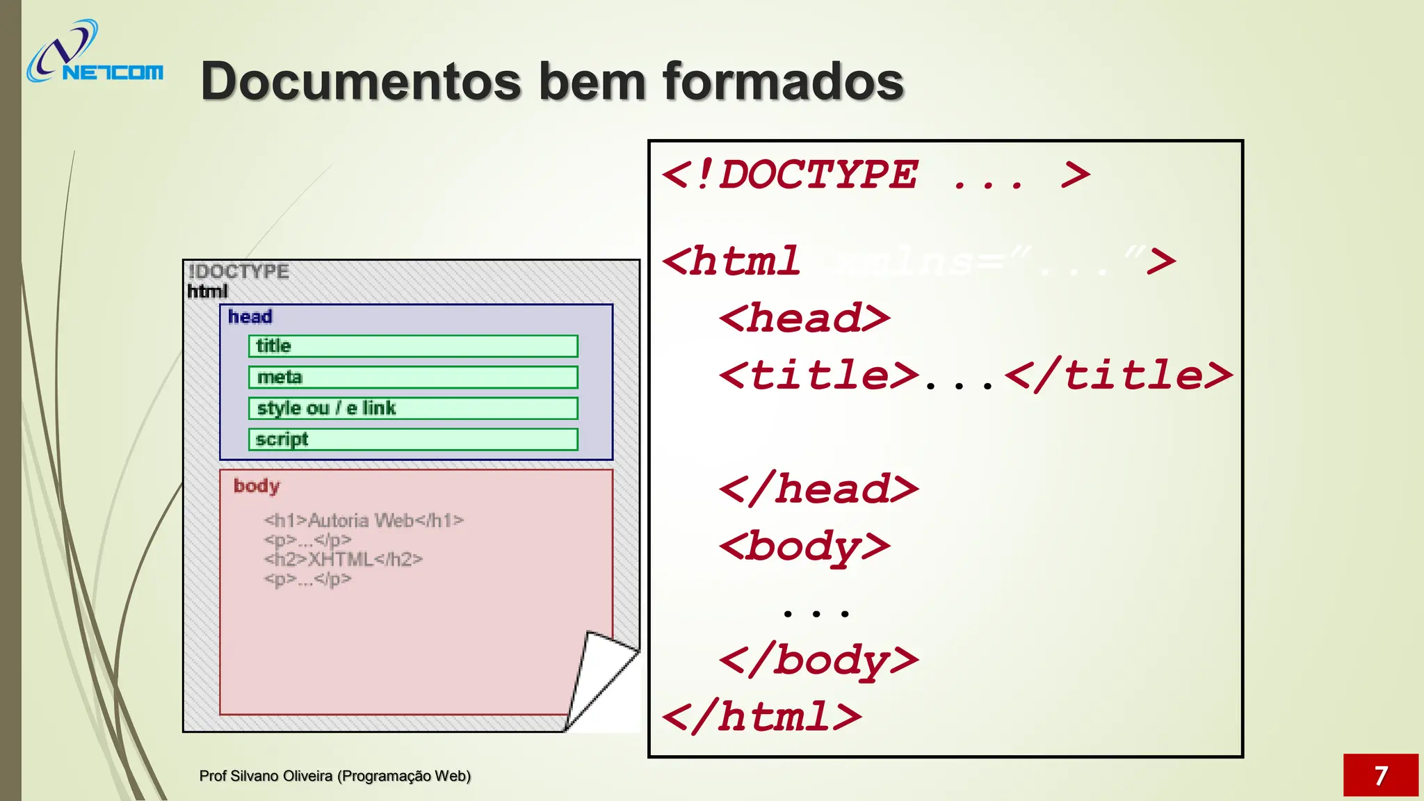 Documentos bem formados
Prof Silvano Oliveira (Programação Web) 7
<!DOCTYPE ... >
<html xmlns=”...”>
<head>
<title>...</title>
...
</head>
<body>
...
</body>
</html>
 