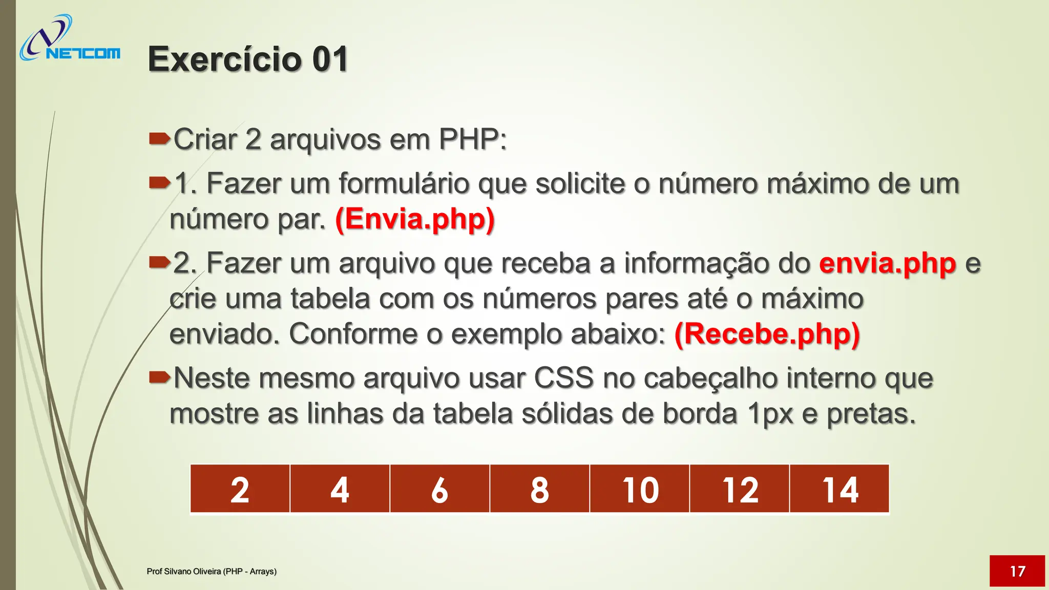 Exercício 01
Criar 2 arquivos em PHP:
1. Fazer um formulário que solicite o número máximo de um
número par. (Envia.php)
2. Fazer um arquivo que receba a informação do envia.php e
crie uma tabela com os números pares até o máximo
enviado. Conforme o exemplo abaixo: (Recebe.php)
Neste mesmo arquivo usar CSS no cabeçalho interno que
mostre as linhas da tabela sólidas de borda 1px e pretas.
Prof Silvano Oliveira (PHP - Arrays) 17
2 4 6 8 10 12 14
 