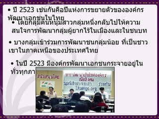 ปี  2523  เช่นกันคือปีแห่งการขยายตัวขององค์กรพัฒนาเอกชนในไทย โดยกลุ่มคนหนุ่มสาวกลุ่มหนึ่งกลับไปให้ความสนใจการพัฒนากลุ่มผู้ยากไร้ในเมืองและในชนบท บางกลุ่มเข้าร่วมการพัฒนาชนกลุ่มน้อย ที่เป็นชาวเขาในภาคเหนือของประเทศไทย ในปี  2523  มีองค์กรพัฒนาเอกชนกระจายอยู่ในทั่วทุกภาคของประเทศไทย 