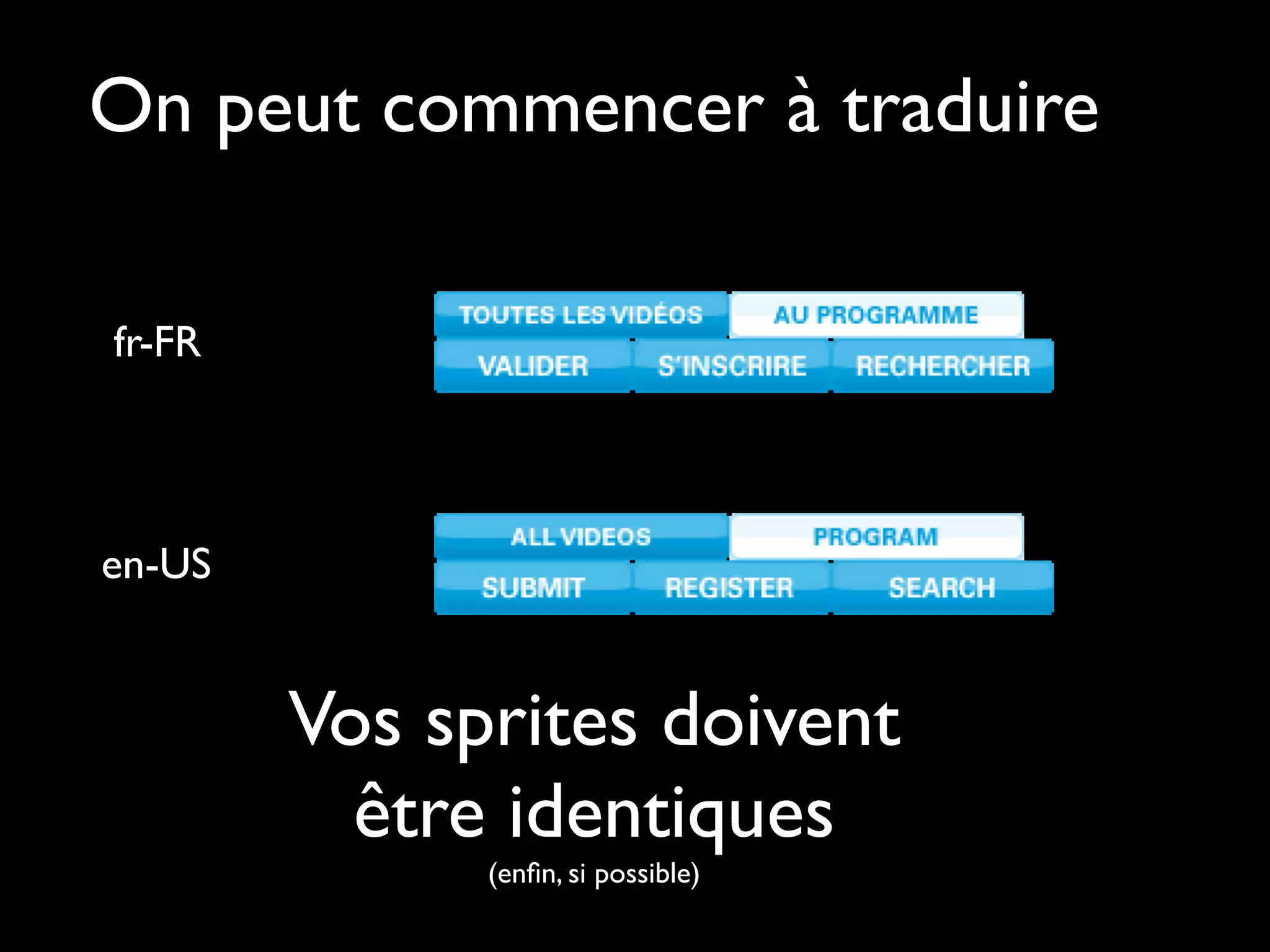 On peut commencer à traduire

fr-FR



en-US


        Vos sprites doivent
          être identiques
              (enﬁn, si possible)
 