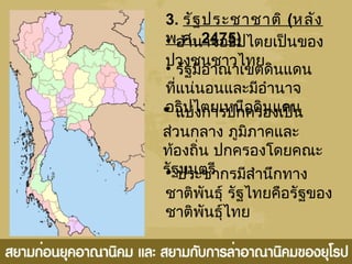 3. รัฐประชาชาติ (หลัง
พ.ศ. 2475)• อำานาจอธิปไตยเป็นของ
ปวงชนชาวไทย
• รัฐมีอาณาเขตดินแดน
ที่แน่นอนและมีอำานาจ
อธิปไตยเหนือดินแดน• แบ่งการปกครองเป็น
ส่วนกลาง ภูมิภาคและ
ท้องถิ่น ปกครองโดยคณะ
รัฐมนตรี• ประชากรมีสำานึกทาง
ชาติพันธุ์ รัฐไทยคือรัฐของ
ชาติพันธุ์ไทย
 
