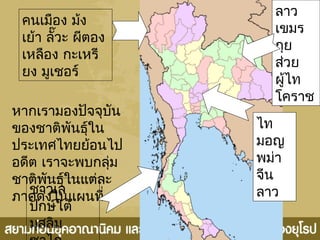 หากเรามองปัจจุบัน
ของชาติพันธุ์ใน
ประเทศไทยย้อนไป
อดีต เราจะพบกลุ่ม
ชาติพันธุ์ในแต่ละ
ภาคดังในแผนที่
คนเมือง ม้ง
เย้า ลั๊วะ ผีตอง
เหลือง กะเหรี
ยง มูเชอร์
ลาว
เขมร
กุย
ส่วย
ผู้ไท
โคราช
ไท
มอญ
พม่า
จีน
ลาวชาวเล
ปักษ์ใต้
มุสลิม
 