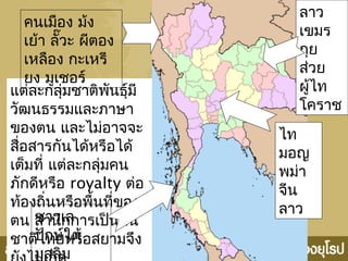 แต่ละกลุ่มชาติพันธุ์มี
วัฒนธรรมและภาษา
ของตน และไม่อาจจะ
สื่อสารกันได้หรือได้
เต็มที่ แต่ละกลุ่มคน
ภักดีหรือ royalty ต่อ
ท้องถิ่นหรือพื้นที่ของ
ตน สำานึกการเป็นคน
ชาติไทยหรือสยามจึง
คนเมือง ม้ง
เย้า ลั๊วะ ผีตอง
เหลือง กะเหรี
ยง มูเชอร์
ลาว
เขมร
กุย
ส่วย
ผู้ไท
โคราช
ไท
มอญ
พม่า
จีน
ลาว
ชาวเล
ปักษ์ใต้
มุสลิม
 