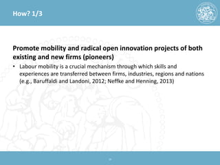 How? 1/3 
Promote mobility and radical open innovation projects of both existing and new firms (pioneers) 
• 
Labour mobility is a crucial mechanism through which skills and experiences are transferred between firms, industries, regions and nations (e.g., Baruffaldi and Landoni, 2012; Neffke and Henning, 2013) 19 
 