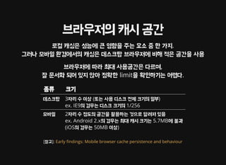 브라우저의 캐시 공간
로컬 캐싱은 성능에 큰 영향을 주는 요소 중 한 가지.
그러나 모바일 환경에서의 캐싱은 데스크탑 브라우저에 비해 적은 공간을 사용
브라우저에 따라 최대 사용공간은 다르며,
잘 문서화 되어 있지 않아 정확한 limit을 확인하기는 어렵다.
종류 크기
데스크탑 3자리 수 이상 (또는 사용 디스크 전체 크기의 일부)
ex. IE9의 경우는 디스크 크기의 1/256
모바일 2자리 수 정도의 공간을 활용하는 것으로 알려져 있음
ex. Android 2.x의 경우는 최대 캐시 크기는 5.7MB에 불과
(iOS의 경우는 50MB 이상)
[참고]: Early ndings: Mobile browser cache persistence and behaviour
 