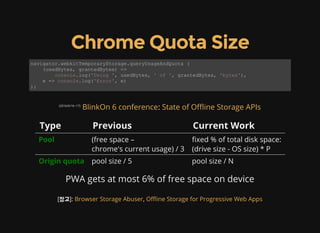 Chrome Quota Size
navigator.webkitTemporaryStorage.queryUsageAndQuota (  
    (usedBytes, grantedBytes) => 
        console.log('Using ', usedBytes, ' of ', grantedBytes, 'bytes'),  
    e => console.log('Error', e) 
); 
(2016/6/16~17)
:BlinkOn 6 conference State of O޵ine Storage APIs
Type Previous Current Work
Pool (free space –
chrome's current usage) / 3
xed % of total disk space:
(drive size - OS size) * P
Origin quota pool size / 5 pool size / N
PWA gets at most 6% of free space on device
[참고]: ,Browser Storage Abuser O޵ine Storage for Progressive Web Apps
 