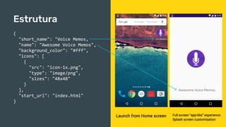 Estrutura
{
"short_name": "Voice Memos,
"name": "Awesome Voice Memos",
"background_color": "#fff",
"icons": [
{
"src": "icon-1x.png",
"type": "image/png",
"sizes": "48x48"
}
],
"start_url": "index.html"
}
Awesome Voice Memos
 