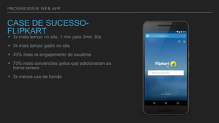 PROGRESSIVE WEB APP
CASE DE SUCESSO-
FLIPKART
▸ 3x mais tempo no site, 1 min para 3min 30s
▸ 3x mais tempo gasto no site
▸ 40% mais re-engajamento de usuários
▸ 70% mais conversões pelos que adicionaram ao
home screen
▸ 3x menos uso de banda
 