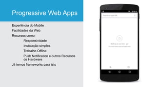 Progressive Web Apps
Experiência do Mobile
Facilidades da Web
Recursos como:
Responsividade
Instalação simples
Trabalho Offline
Push Notification e outros Recursos
de Hardware
Já temos frameworks para isto
 