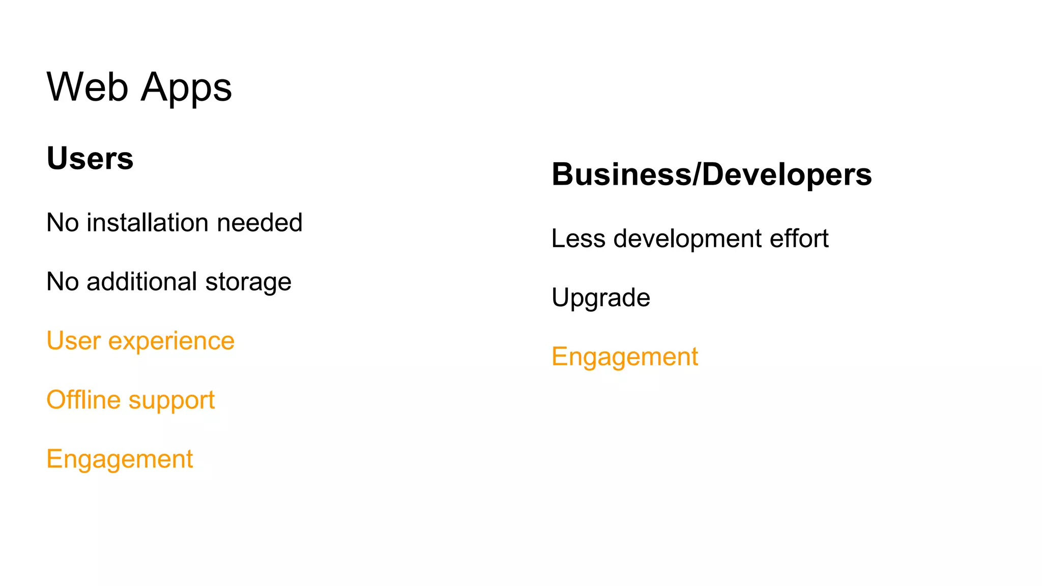 Web Apps
Users
No installation needed
No additional storage
User experience
Offline support
Engagement
Business/Developers
Less development effort
Upgrade
Engagement
 