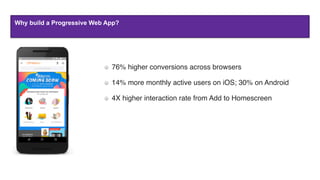 Why build a Progressive Web App?
 76% higher conversions across browsers
 14% more monthly active users on iOS; 30% on Android
 4X higher interaction rate from Add to Homescreen
 