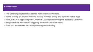 Current Status
The Safari (Apple) team has started work on serviceWorkers.
PWAs running on Android are now actually installed locally and work like native apps
WebUSB API is appearing with Chrome 61, giving web developers access to USB units
navigator.share API enables triggering the native OS share menu
Front end frameworks are rapidly evolving and maturing
 