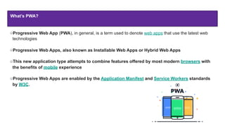 What’s PWA?
Progressive Web App (PWA), in general, is a term used to denote web apps that use the latest web
technologies
Progressive Web Apps, also known as Installable Web Apps or Hybrid Web Apps
This new application type attempts to combine features offered by most modern browsers with
the benefits of mobile experience
Progressive Web Apps are enabled by the Application Manifest and Service Workers standards
by W3C.
 