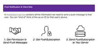 Push Notification & Client Side
A PushSubscription contains all the information we need to send a push message to that
user. You can "kind of" think of this as an ID for that user's device.
 