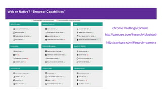 Web or Native? “Browser Capabilities”
chrome://settings/content
http://caniuse.com/#search=bluetooth
http://caniuse.com/#search=camera
 